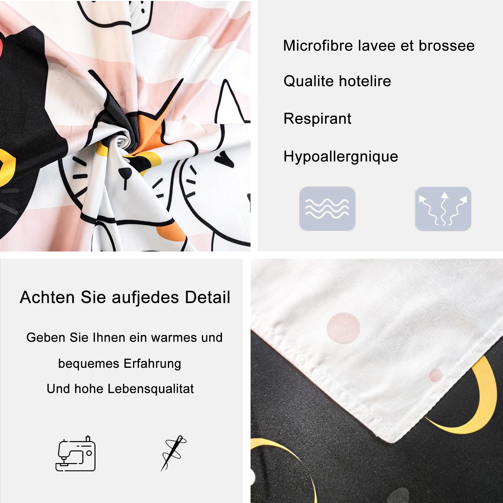 Housse de Couette 140x200 cm Enfant Chat Rose Parure Lit 1 Personne | Parure Fille Réversible Imprimée avec 2 Taies 65x65 cm, Motif Chaton Mignon à Rayures, Microfibre Douce avec Fermeture Éclair