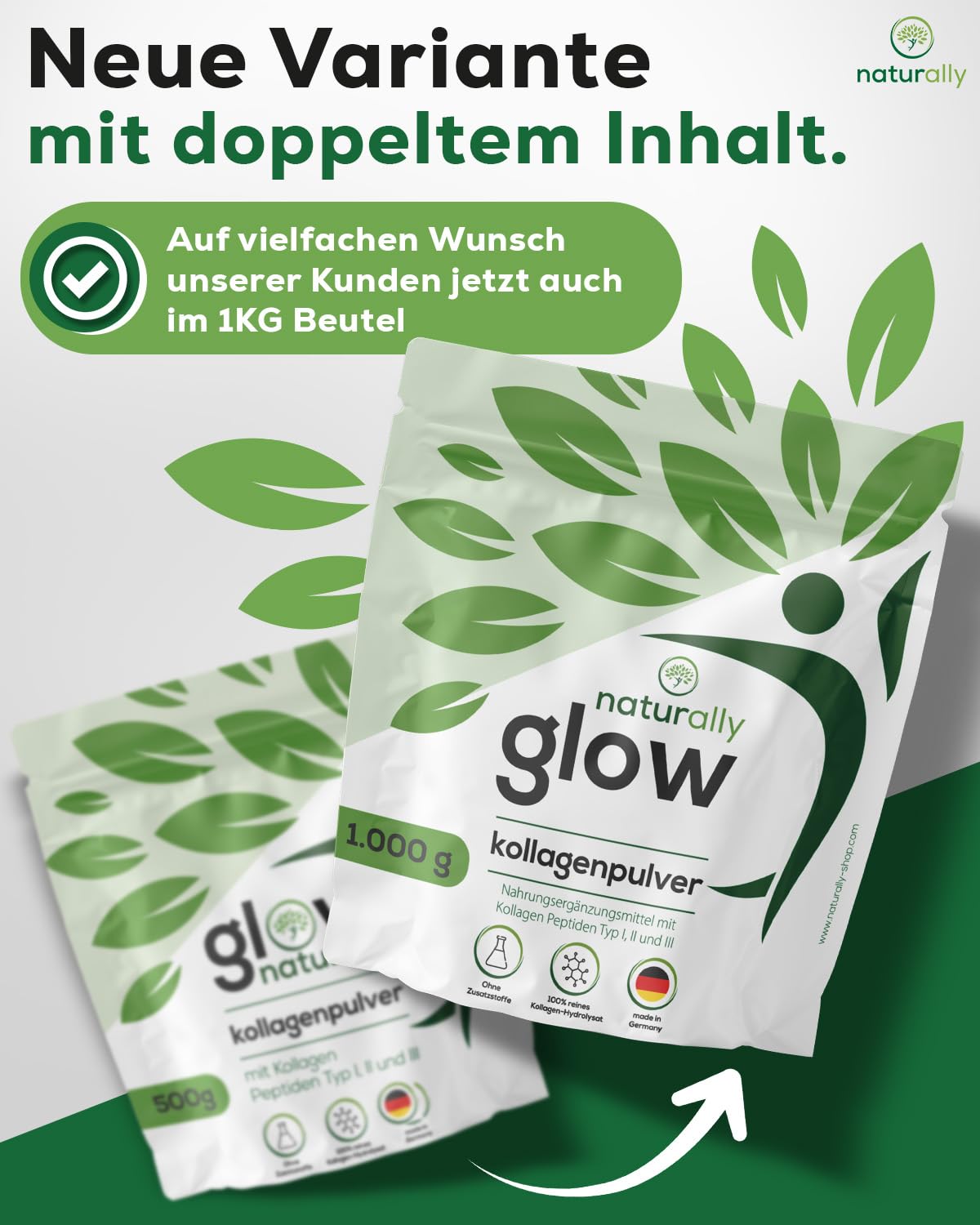 naturally glow Kollagen Pulver 1 kg – hydrolysierte Rinderkollagen Peptide