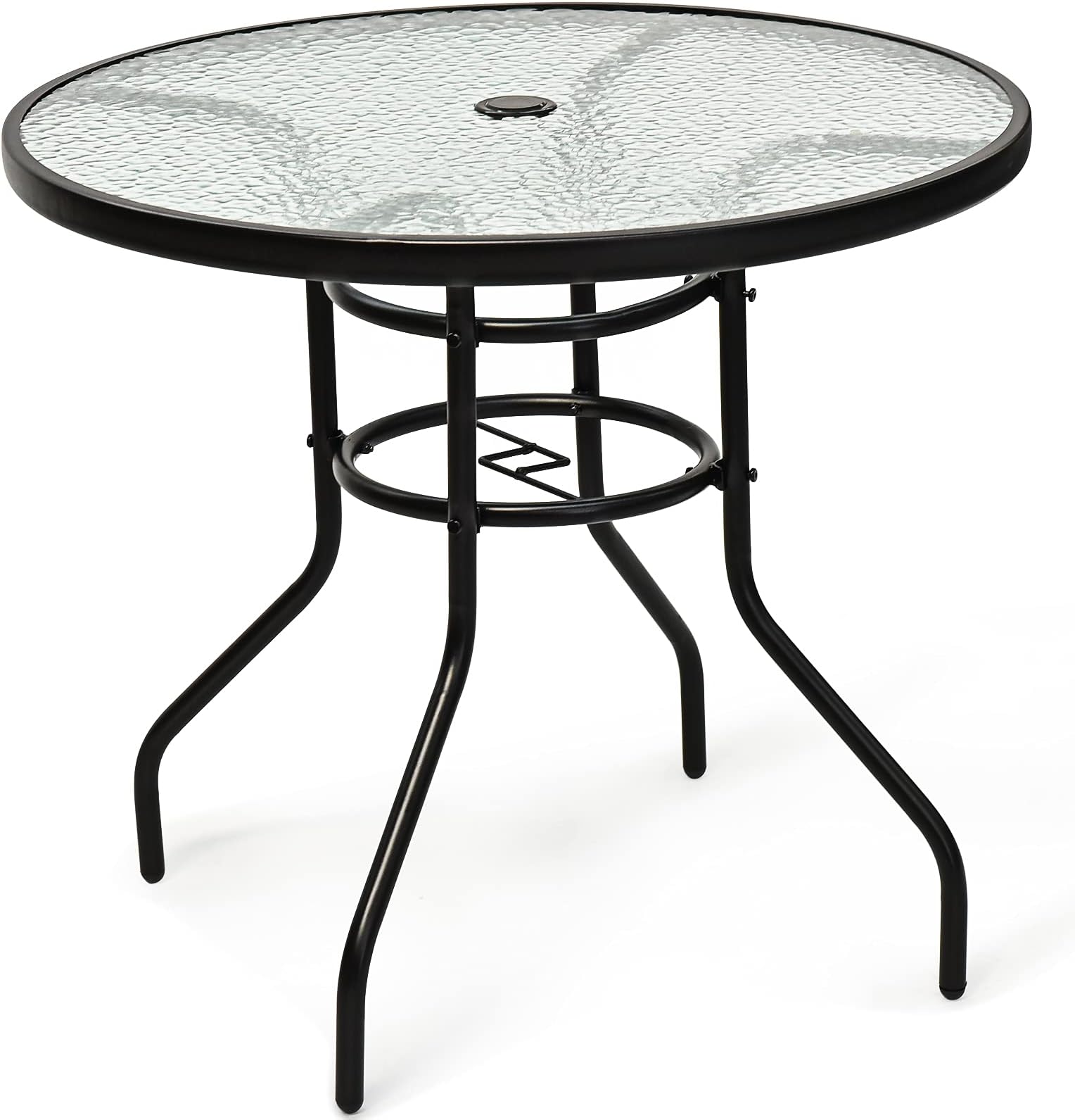 KOTEK 32'' Patio Table with Umbrella Hole, Outdoor Bistro Table w/Tempered Glass Top & Sturdy Metal Frame, Round Patio Dining Table Coffee Table for Garden, Balcony, Poolside