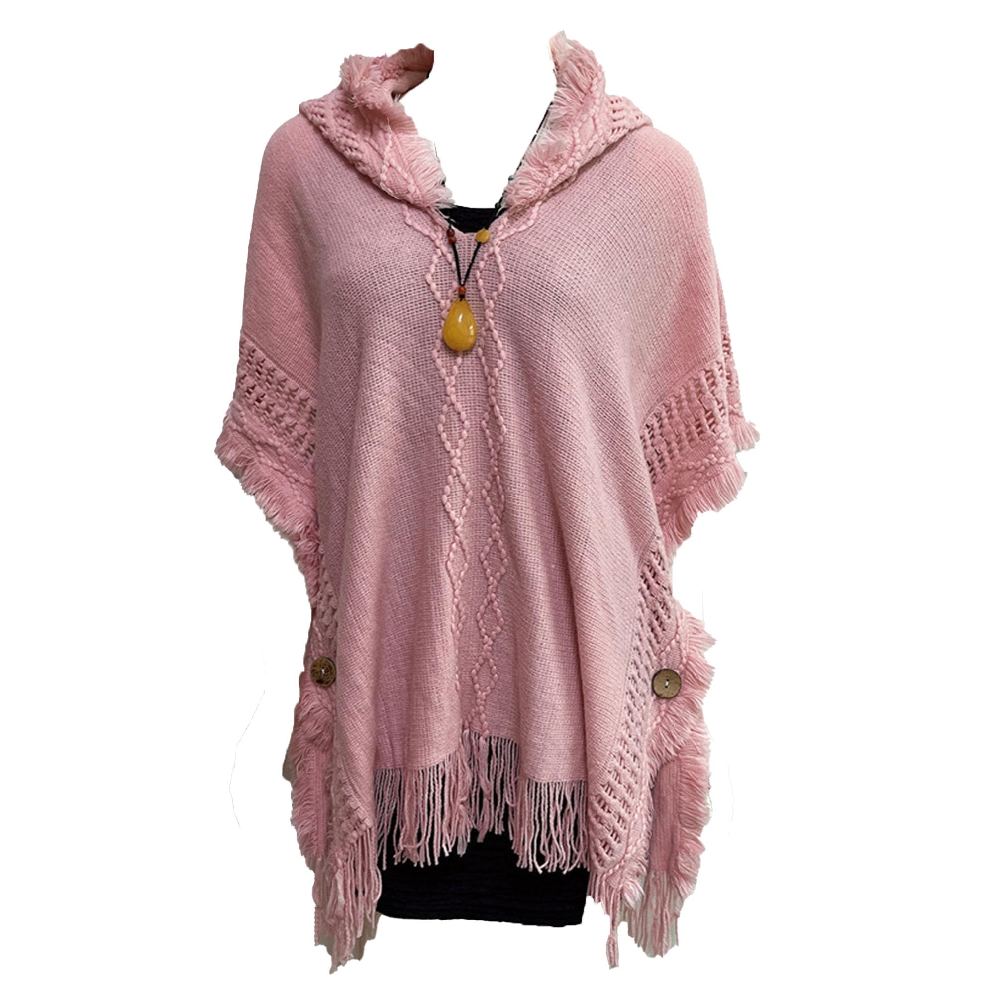 Women's Warm Shawl Wrap Cape Poncho Hollow Out Pullover Fringed Hem Cape Winter Poncho Cardigan Sweaters (Medium,Pink)
