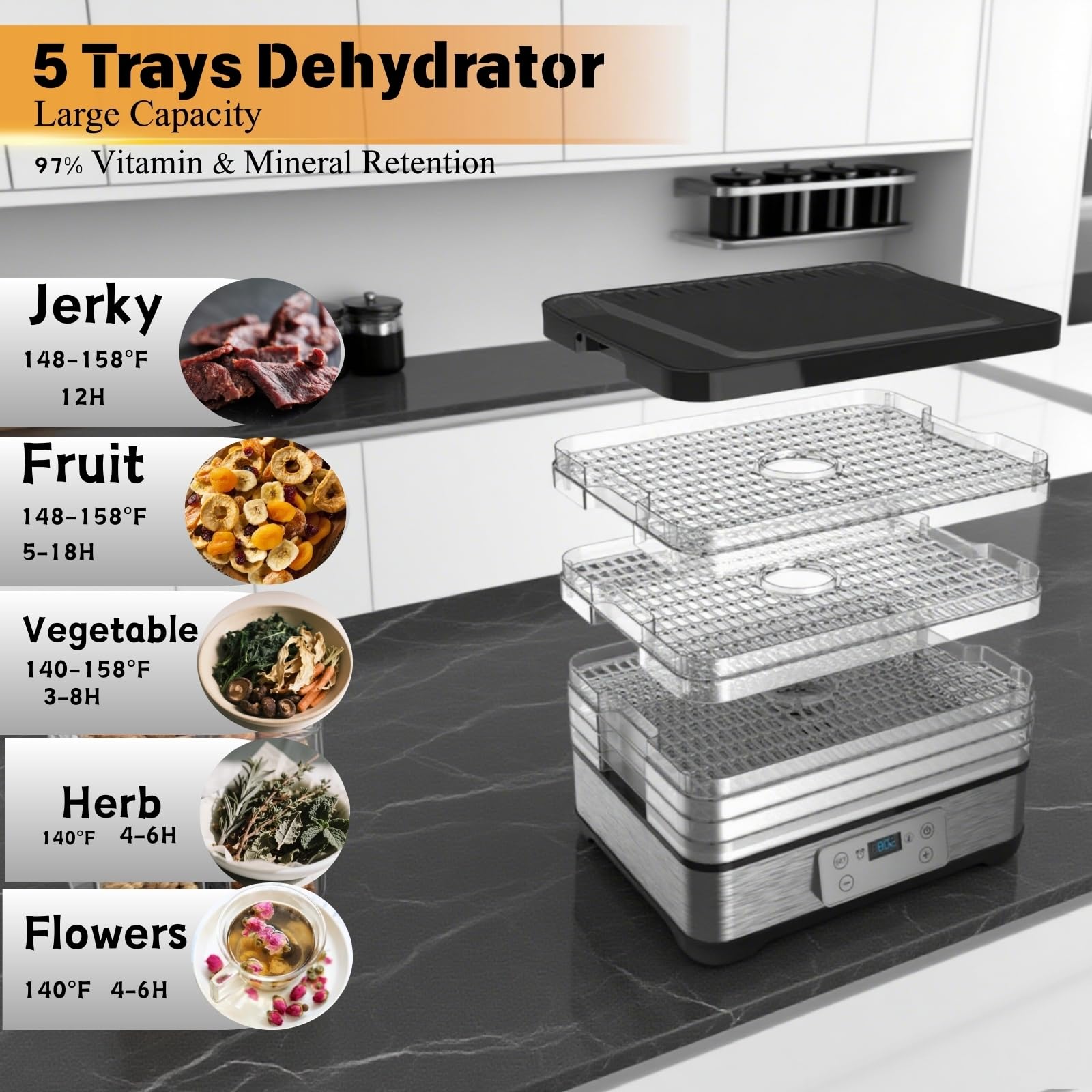 Máquina deshidratadora de alimentos para alimentos y ceces, 300 W 165 °F Control de temperatura y temporizador de 24 horas con 5 bandejas sin BPA Secadora de frutas para corazones, frutas, golosinas