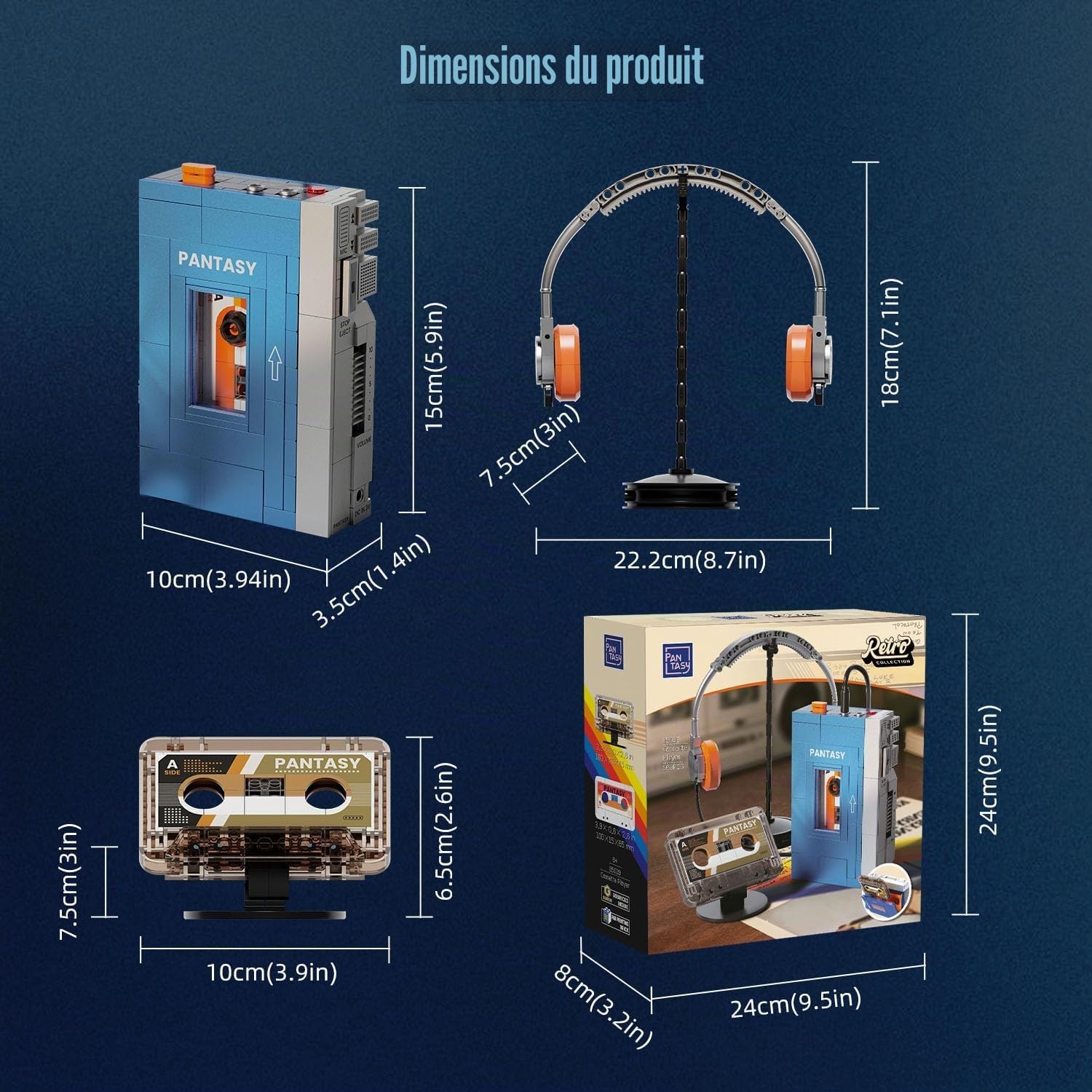 PAN TASY Lecteur Cassette Rétro, Jeu de Construction pour Adultes | Cassette amovible, commandes mobiles et format compact de 15 cm, modèle vintage nostalgique à construire et exposer