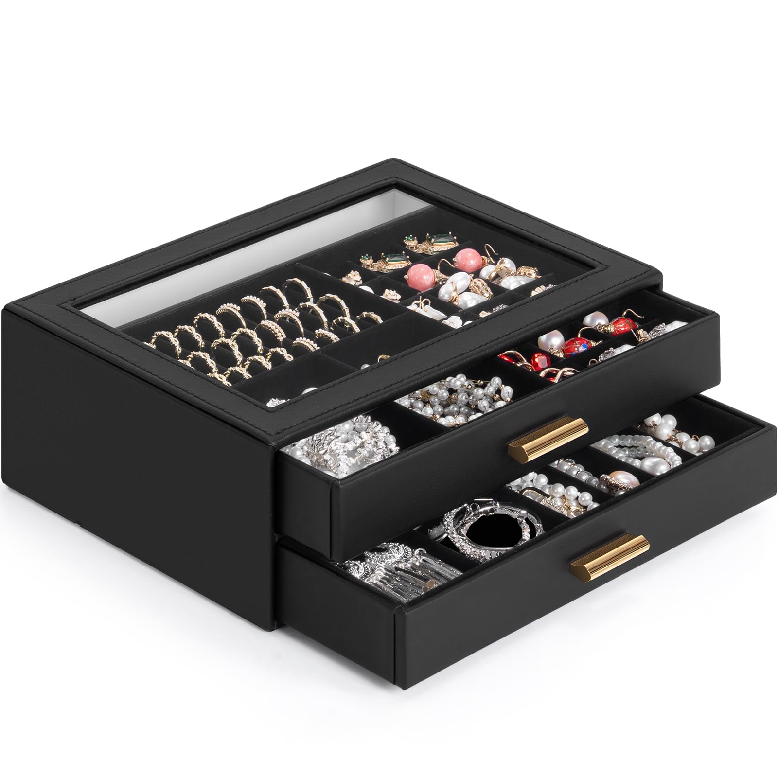 AKOZLIN Jewelry Box with Clear Lid Functional Leather Jewelry Storage Organizer Case 2 Drawers for Women Girls Necklace