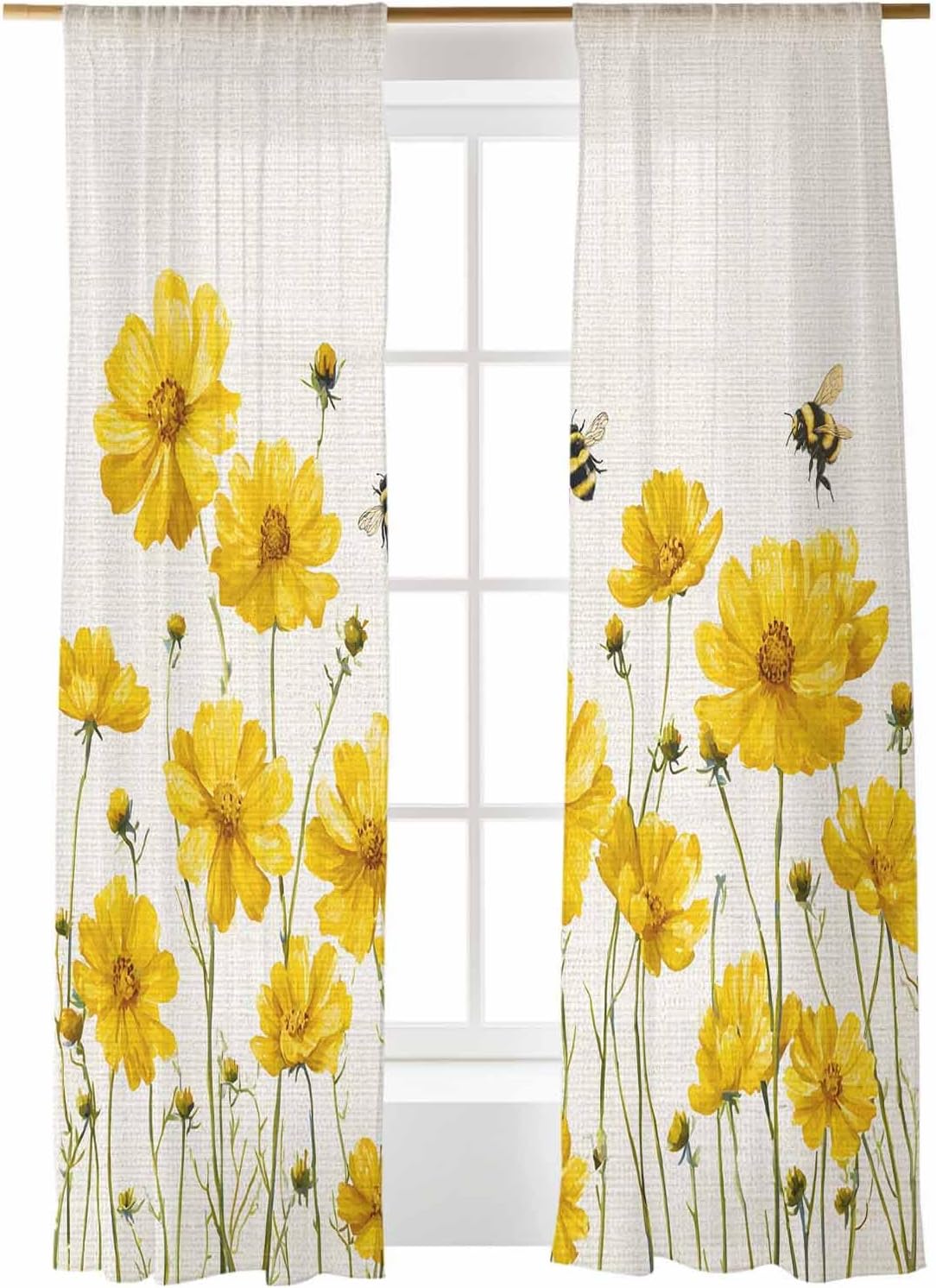 Savannan 2 Panels Semi Sheer Curtains, Yellow Flower Bee Spring Vintage Floral Summer Plant Window Treatment Rod Pocket Voile Panels for Living Room, Bedroom,Yard, Kitchen, 52"x84"