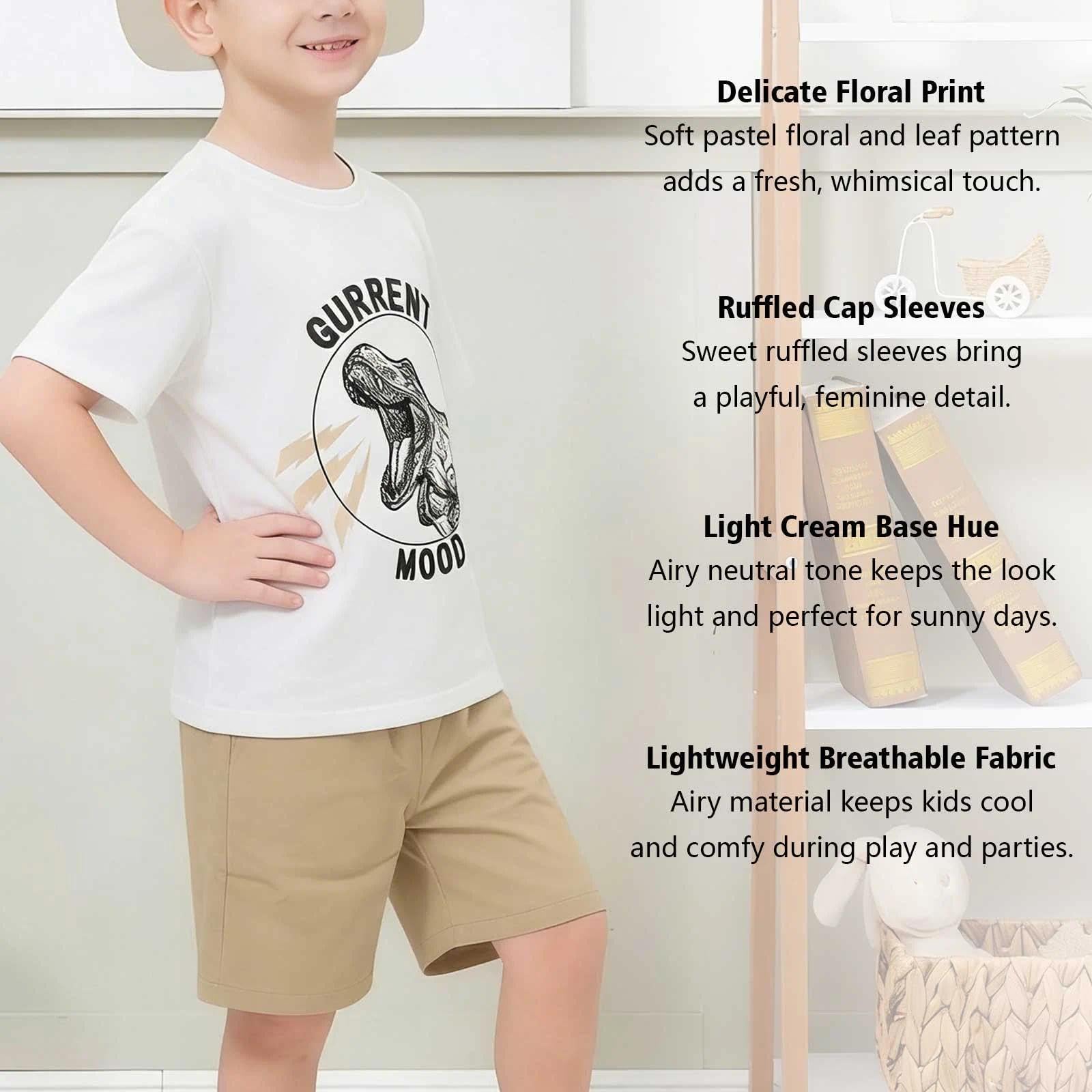 Conjunto de 2 piezas para niños con estampado de tiranosaurio, cuello redondo, manga corta, pantalones cortos, casual, verano, fiesta, vacaciones, 2-7 años — view 2