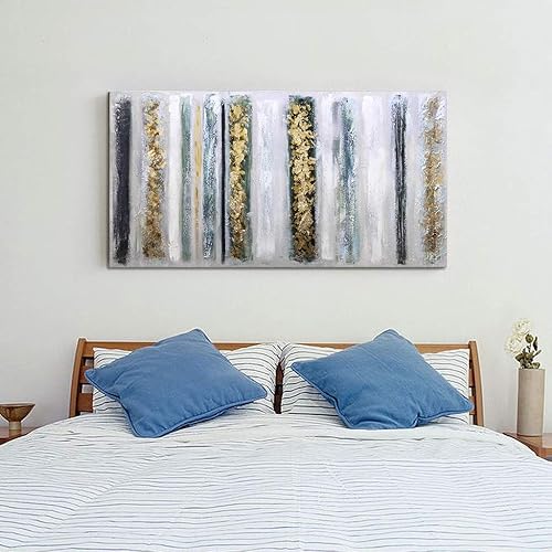 Miniatura 4 de Boiee Art,24.0 x 43.7 in 100% pintado a mano oro Lines arte de pared abstracto, pintura al óleo neutral, gris oscuro, blanco y moderno minimalista,