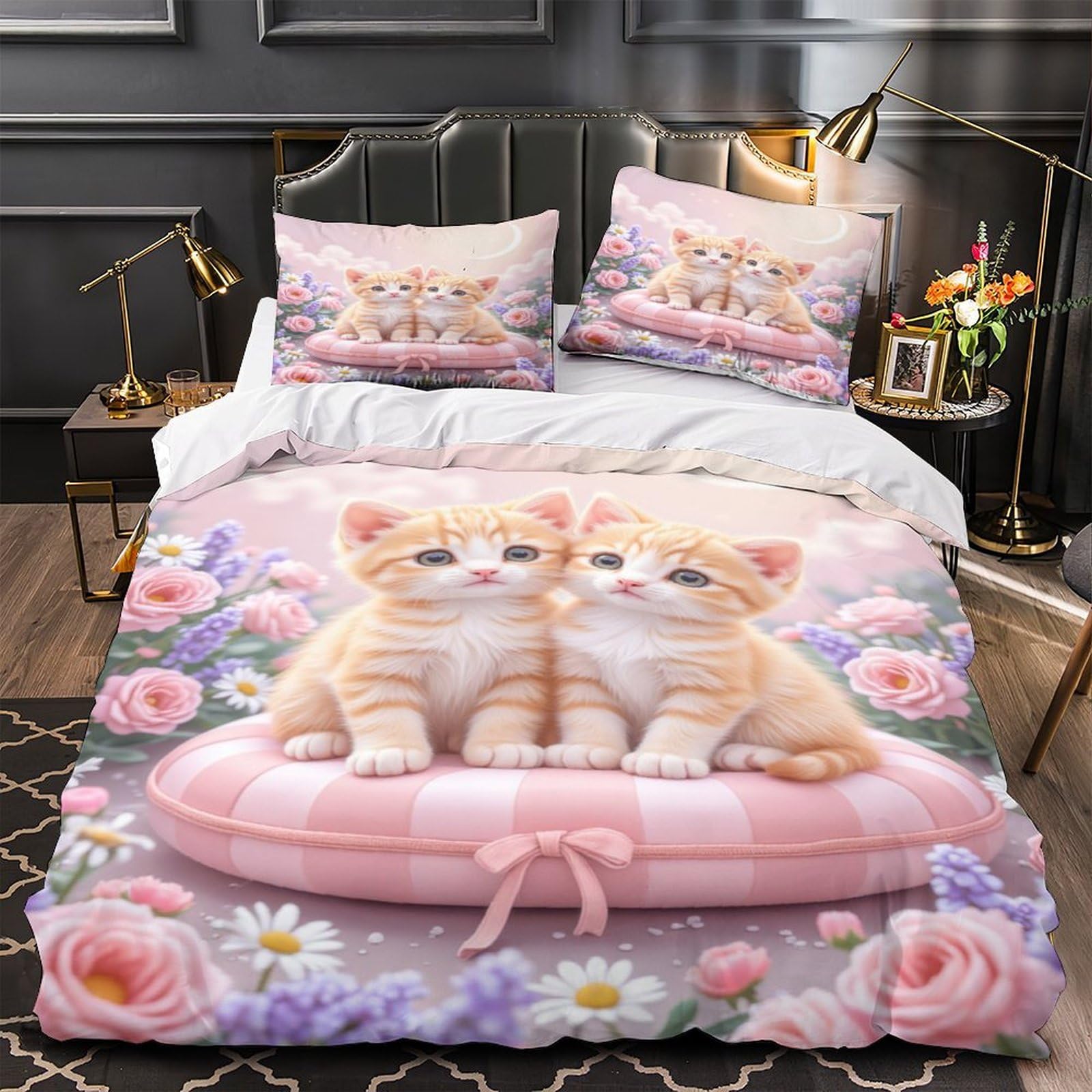 Housse de couette chaton 200x200cm pour lit double parure douce zippée anti-allergie enfants