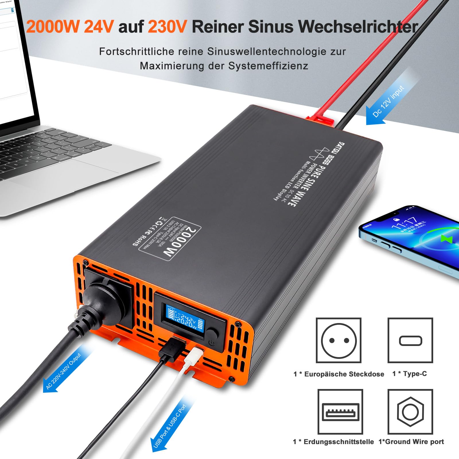 DATOUBOSS 2000W Reiner Sinus Wechselrichter 24V auf 230V (4000W Peak), Spannungswandler mit Funkfernbedienung, EU-Steckdose, USB-A & USB-C, LCD Display – für LKW Wohnmobil, Camping & Solar