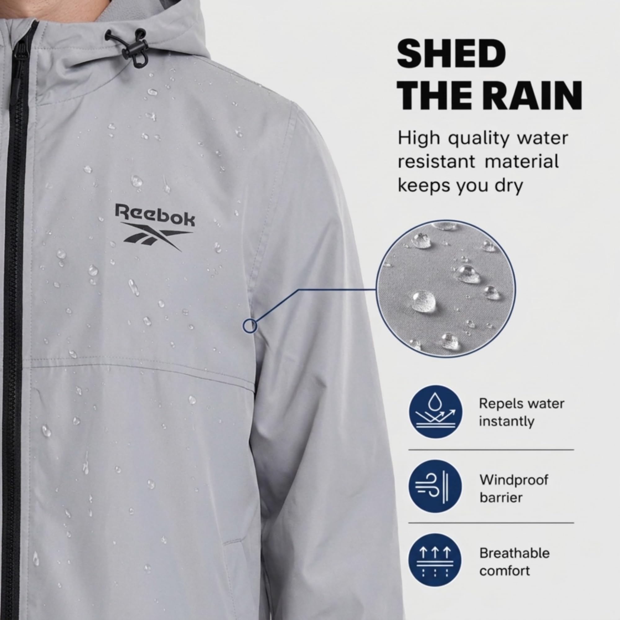 Reebok Chaqueta impermeable para hombre con capucha, cortavientos para hombre, ligera e impermeable