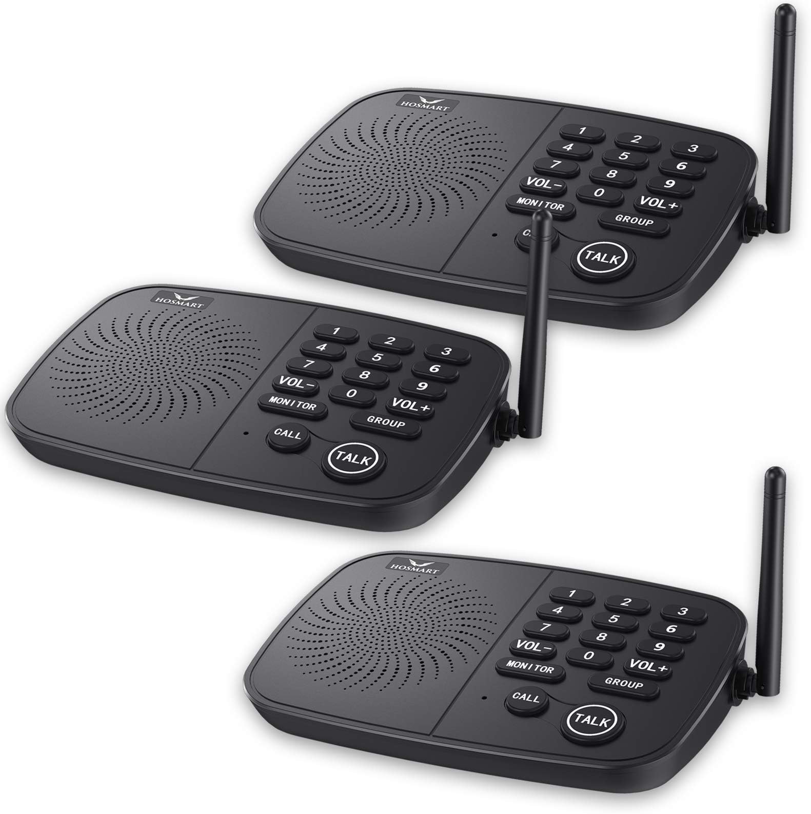 Hosmart 1/2 Mile Long Range 10-Channel Security Wireless Intercom System for Home or Office[3 Units Black]