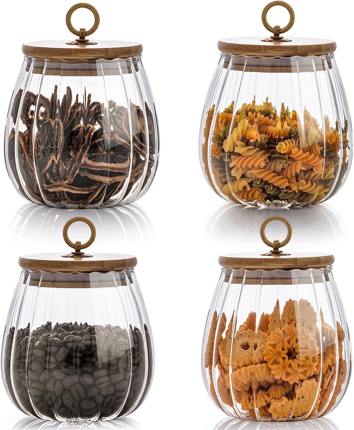 GGEROU Airtight Glass Jars Set of 4,Glass Coffee Nuts Canister with Bamboo Lid,Petal Decorative Coffee Storage Container for Sugar,Loose Tea,Nuts,Candy,Spice Food,Moisture-proof & Leak proof (Round)