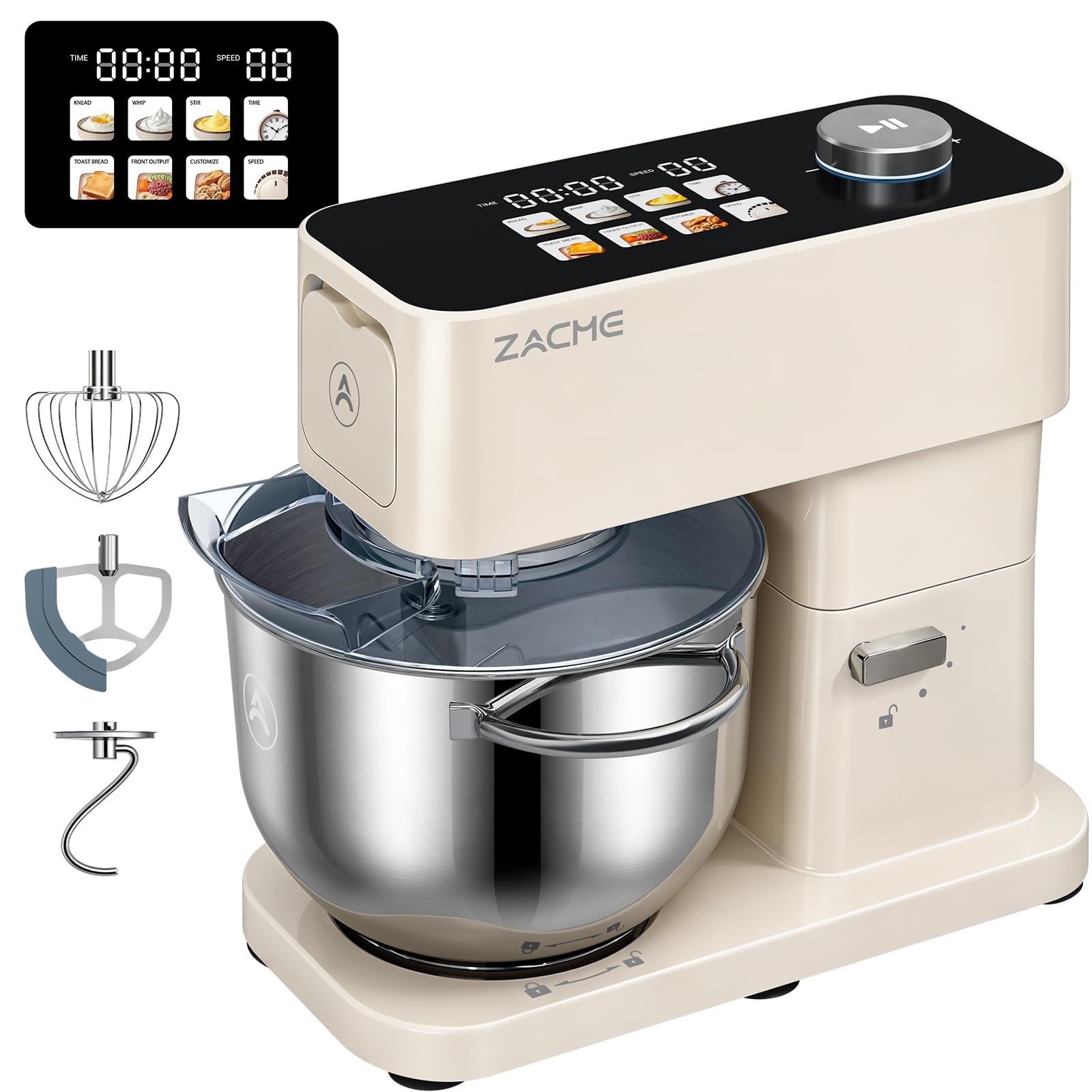 ZACME Robot de cocina de 1200 W, cuenco de acero inoxidable de 5,2 L, motor de CC silencioso, transmisión de 11 niveles, incluye 3 herramientas para mezclar (gancho para amasar, batidor, batidor
