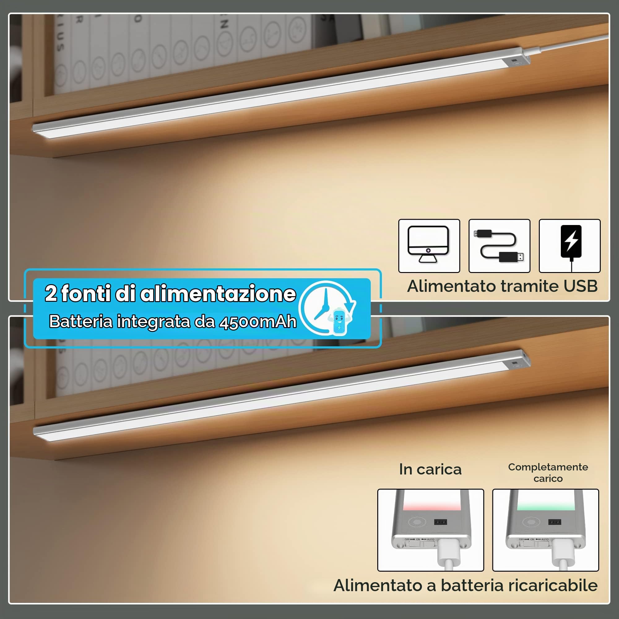 60cm Luce LED Sottopensile con Sensore Movimento a Mano,Barra Luminosa Ricaricabile USB 4500mAh 3Colori Dimmerabile,LED Magnetica Funzione Memoria Senza Fili per Cucina,Armadio,Bagno