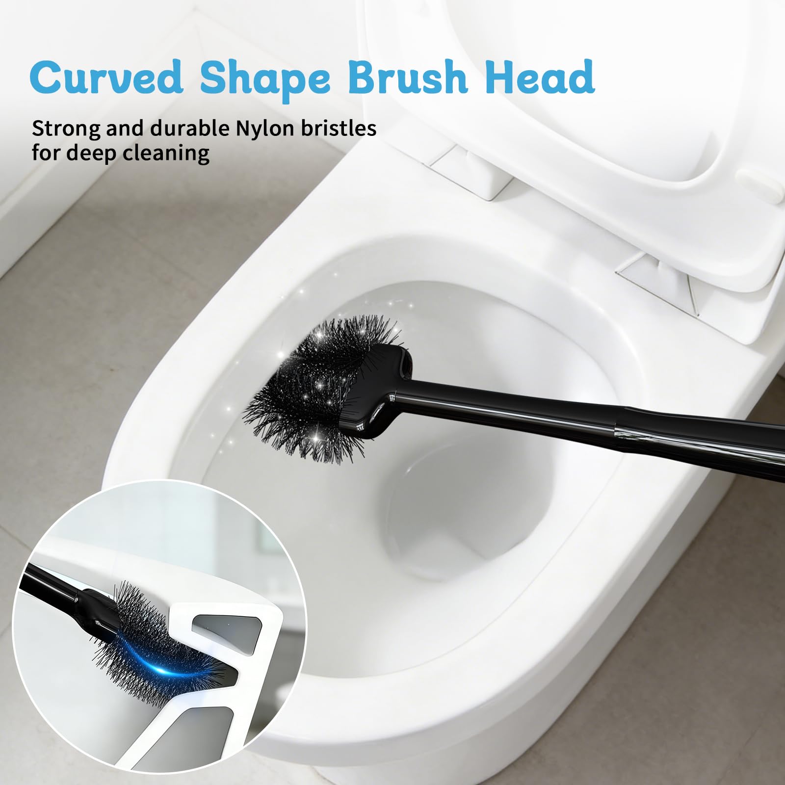 Sellemer Toilet Brush and Plunger Set, Curved Design Head for Deep Cleaning, Heavy Duty Toilet Bowl Brush and Plunger Combo with Holder for Bathroom Cleaning, Black, 1 Pack — view 2