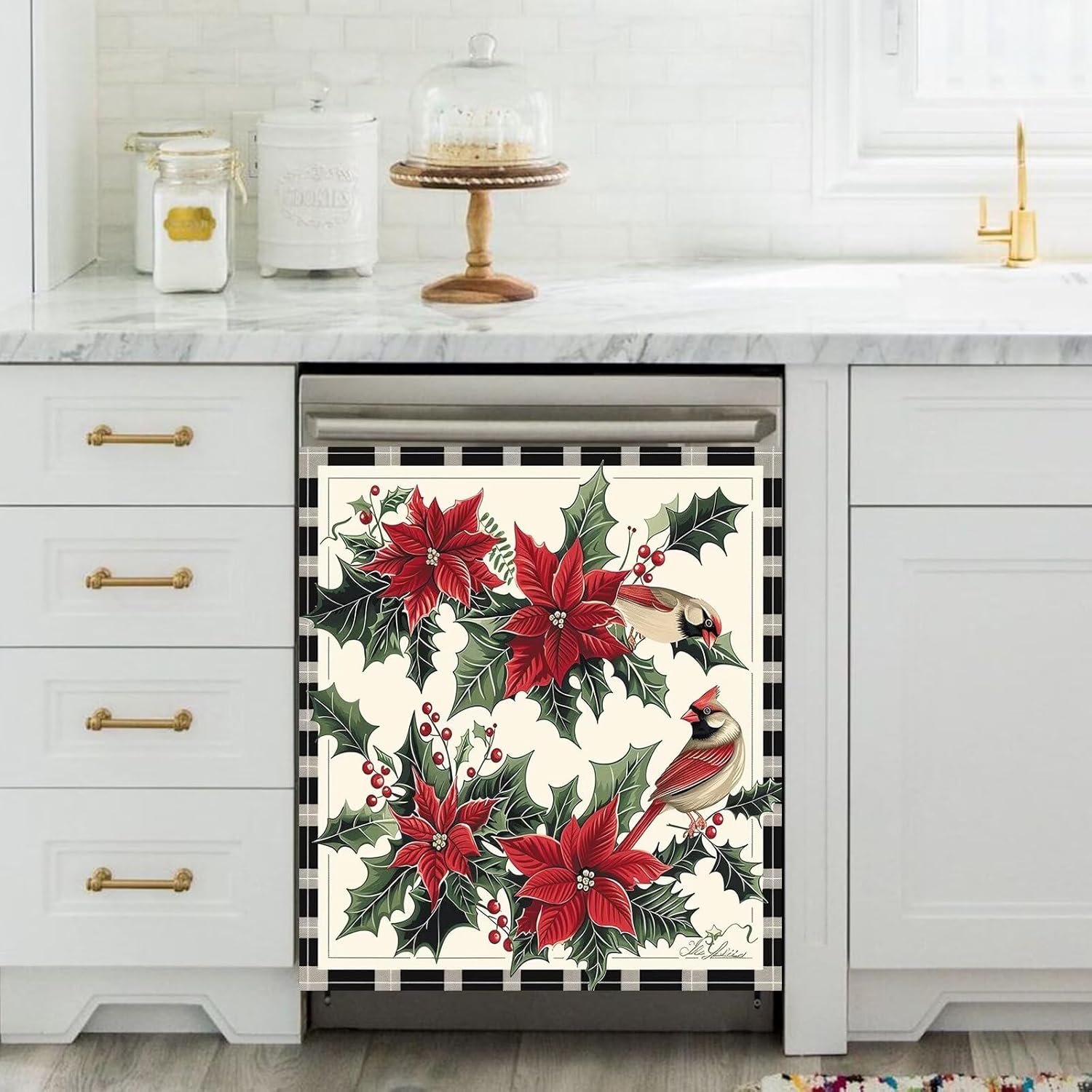 Magnetic Dishwasher Cover, Christmas Flowers and Bird Reusable Dishwashers Decal for Front Panel, Dishwasher Door Magnet Cover, Appliance Wrap Skin 23” x 26”