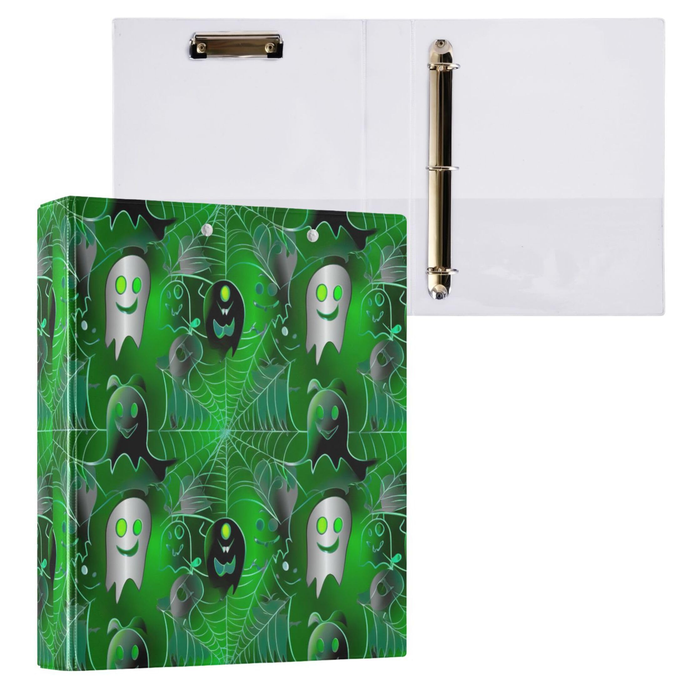 Raccoglitori personalizzati con motivo fantasmi verdi a 3 anelli da 3,8 cm, possono contenere 200 fogli, raccoglitore ad anelli rotondi, 31,5 x 27 x 6 cm, confezione da 2