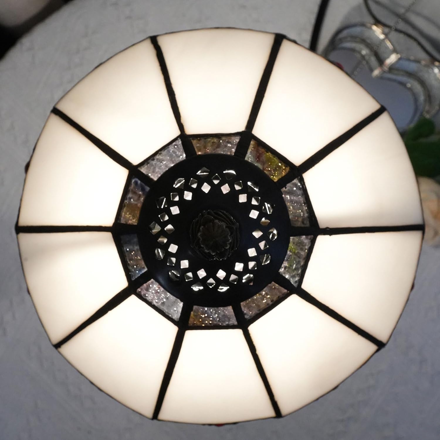 8 Inch Wide Tiffany Lamp Shade Accessories Replacement Only Mission Stained Glass Lampshades Vintage Peacock Glass Beads Light Cover for Table Lamp Pendant Light Fixtures,White