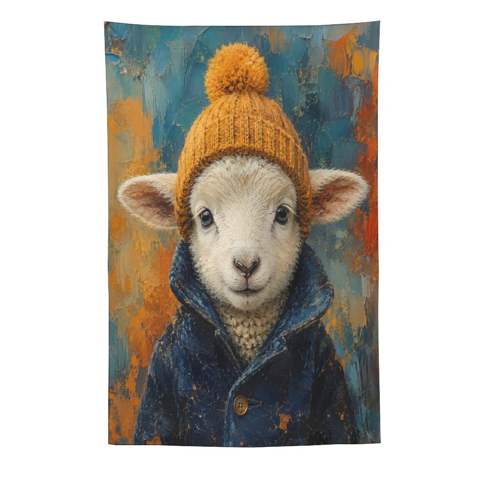 H3B8U2Y5 Lamb Winter Hat Portrait Wall Tapestry, Oil Painting, Apartment