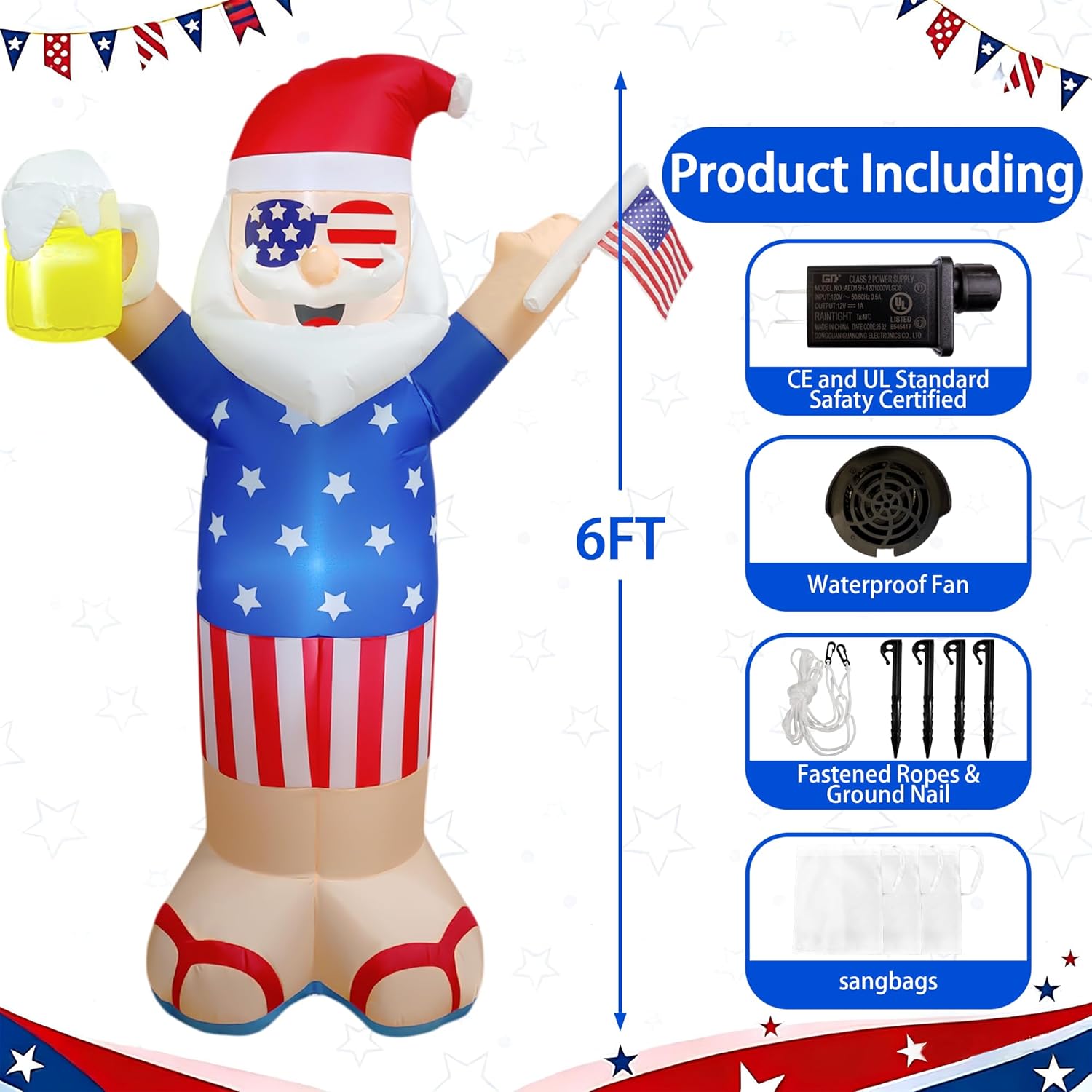 6ft 4th of July Uncle Sam Inflatables, Patriotic Outdoor Decorations with Beer, American Flag & Built-in LEDs, Blow Up for Independence Day Yard Garden