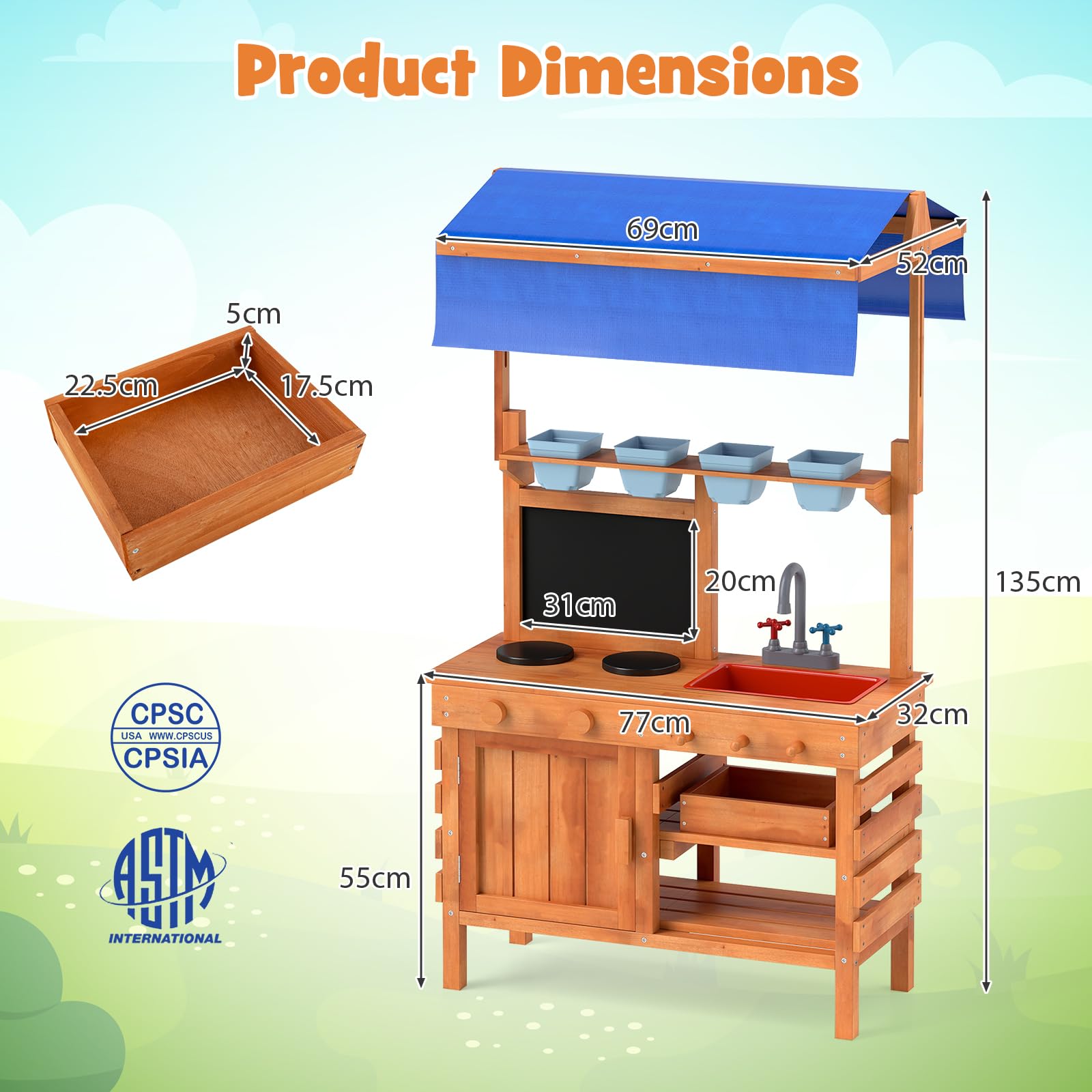 FANTASK Matschküche Kinder Outdoor, Kinderküche Holz mit Sonnendach & Tafel & Pflanzbechern & Schaufeln