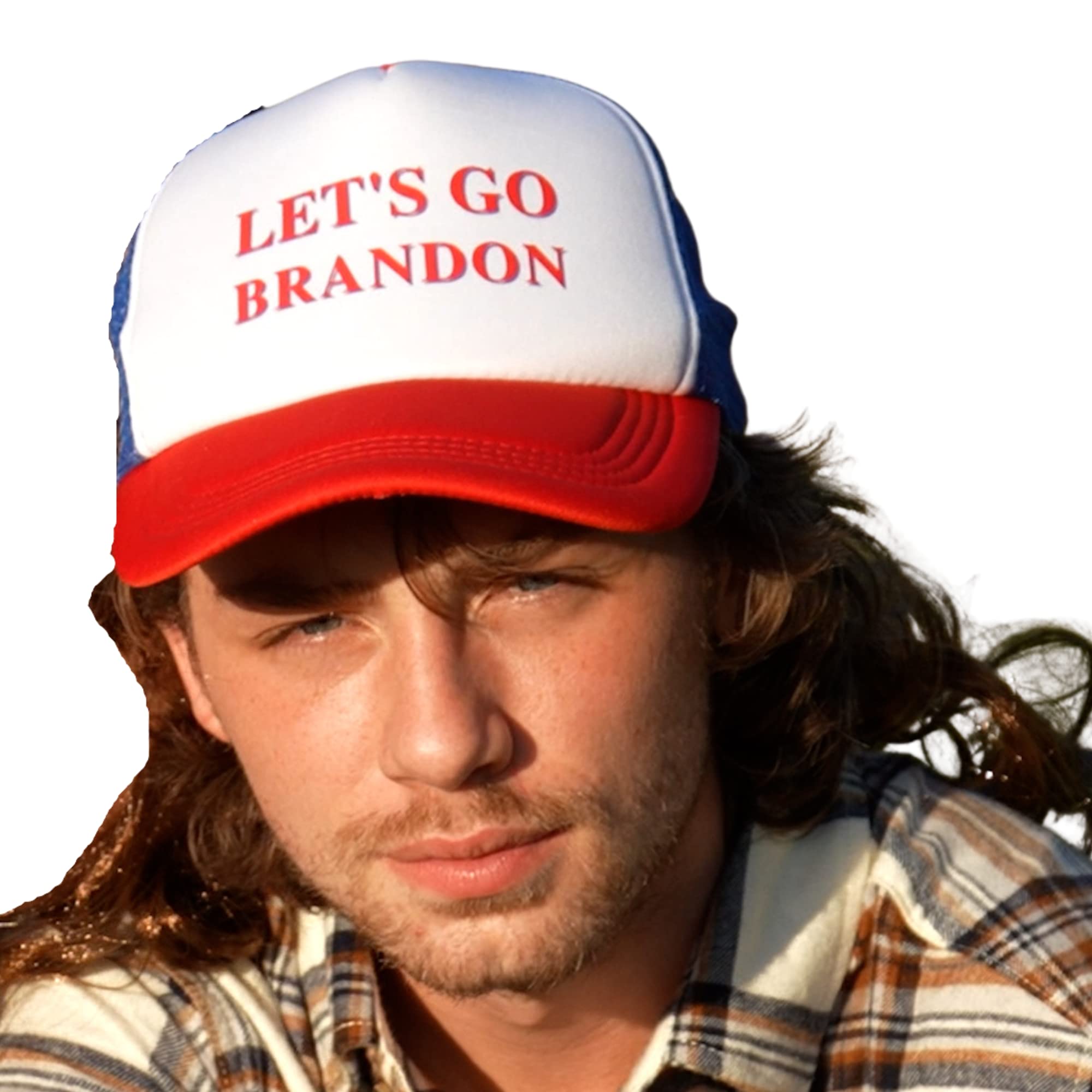 Let’s Go Brandon USA Hat with Mullet Wig | ‘Merica Redneck Patriotic Costume with USA Colors and Snap Enclosure | Great Party Gift Idea, Red White Blue, One Size-Medium