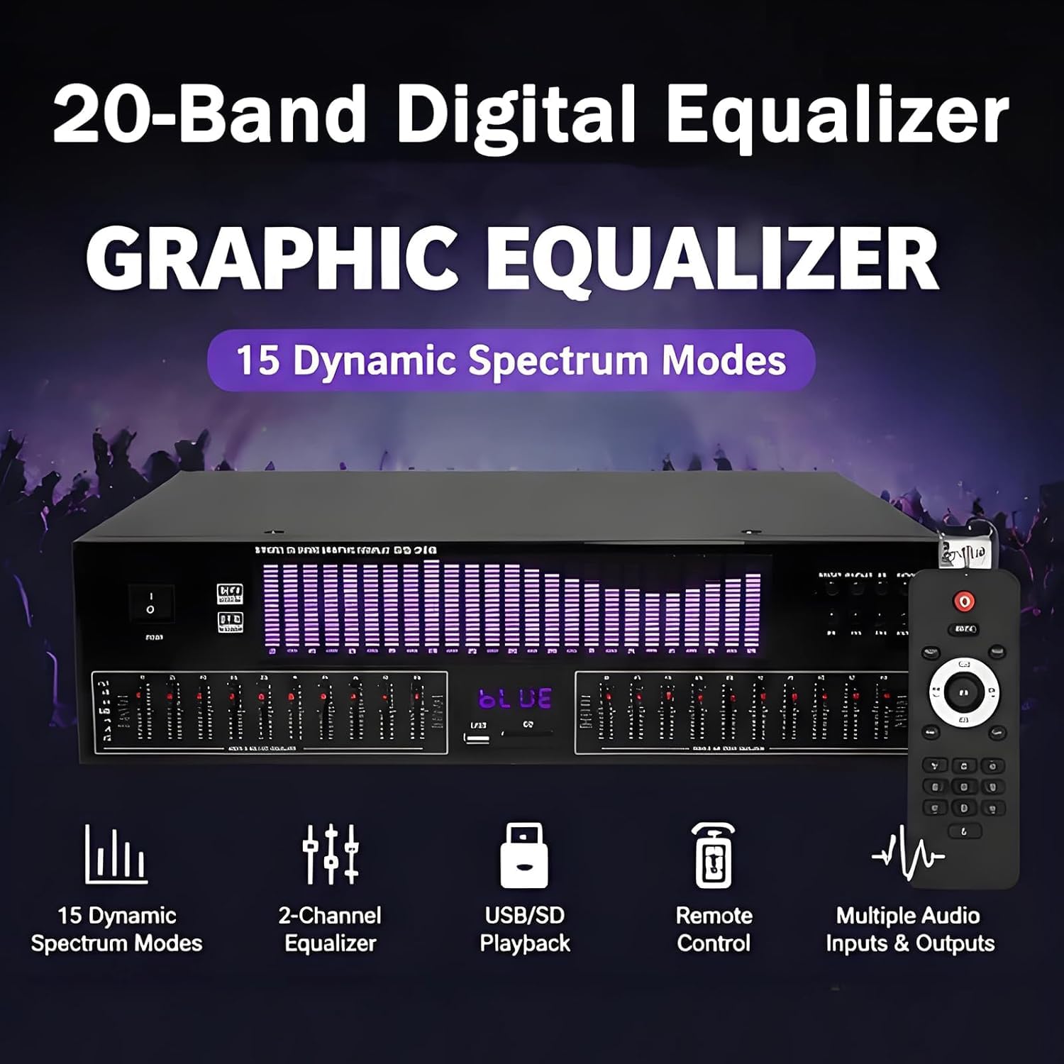 20-pasmowy korektor graficzny Hi-Fi, stereofoniczny korektor graficzny, wyświetlacz widma LED, 15 trybów dynamicznych, redukcja szumów, z pilotem, do domowych systemów audio