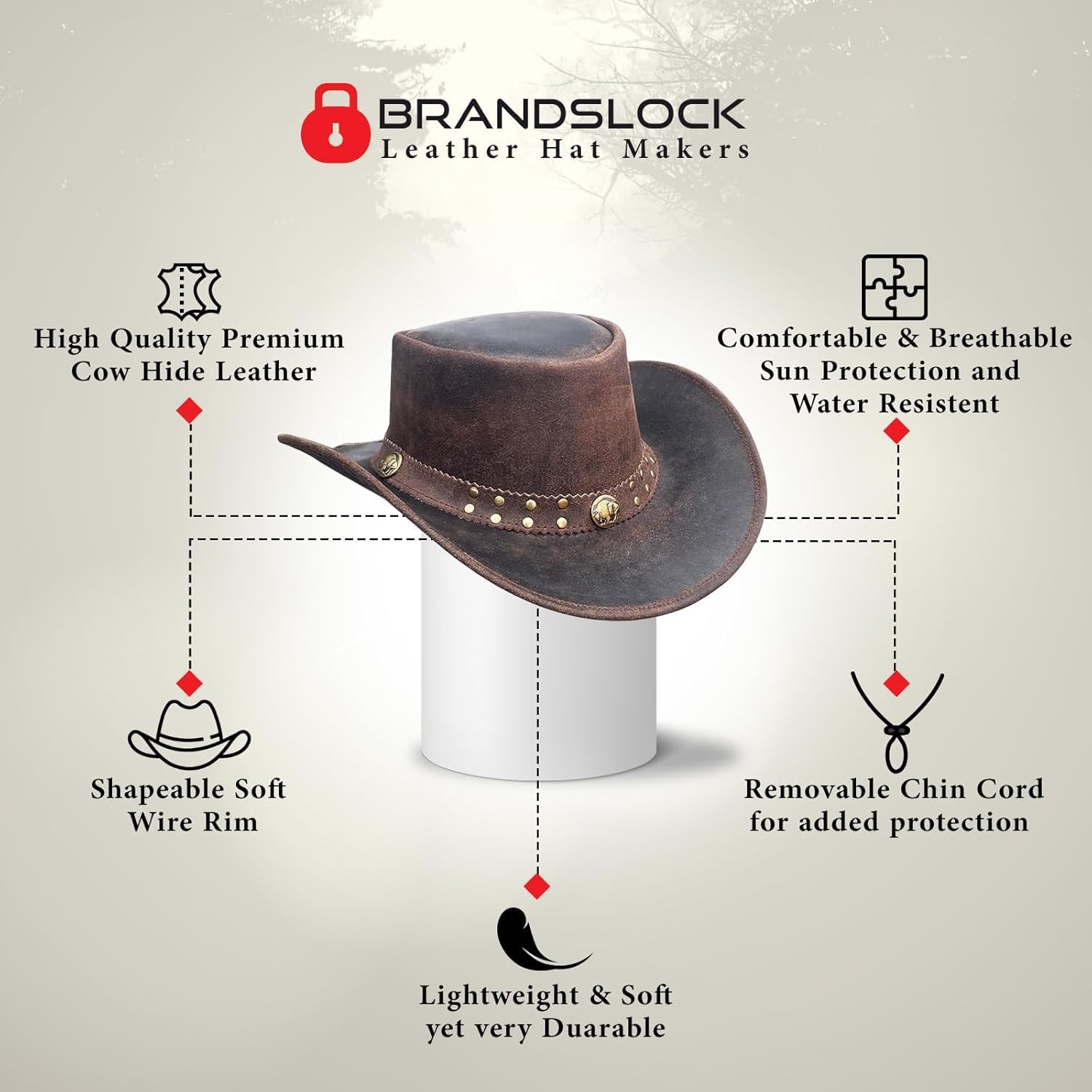 Brandslock Cappello da uomo vintage nero e marrone a tesa larga cowboy australiano stile western bush
