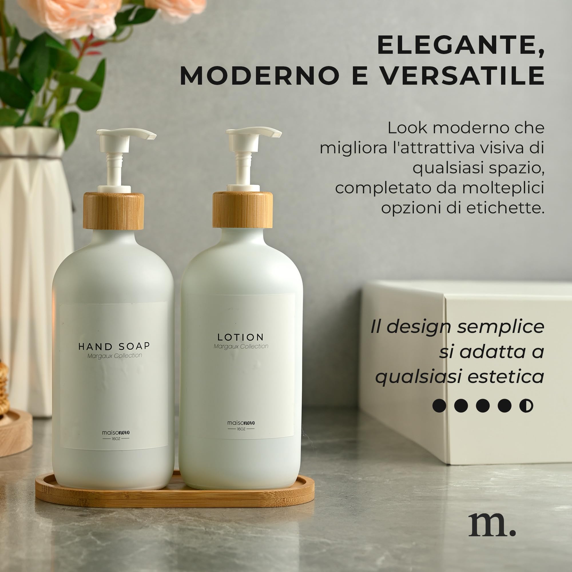MaisoNovo Dispenser di sapone da bagno Set da 2 pezzi - Dispenser di sapone per le mani da 500 ml - Bottiglie di bambù bianche - Pompa in acciaio inossidabile con vassoio di bambù