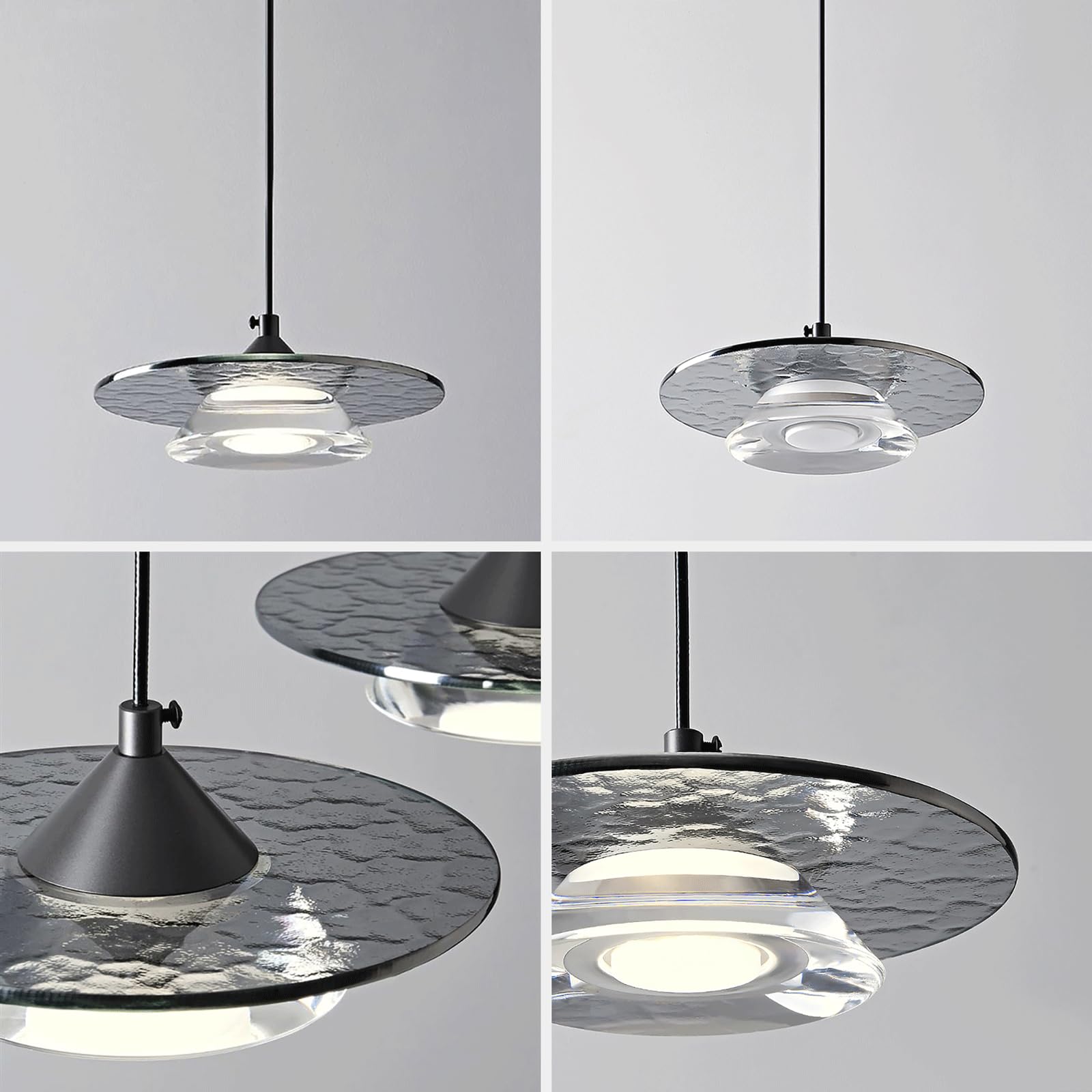 Lampada a Sospensia Forma Di Frisbee Nero, Lampada a Sospensiin Metmartellato con Paralume in Vetro, Lampadario Moderno a Led - 3 W - 3 Modalità Colore, Lampade a Sospensida Comodino, Luci a