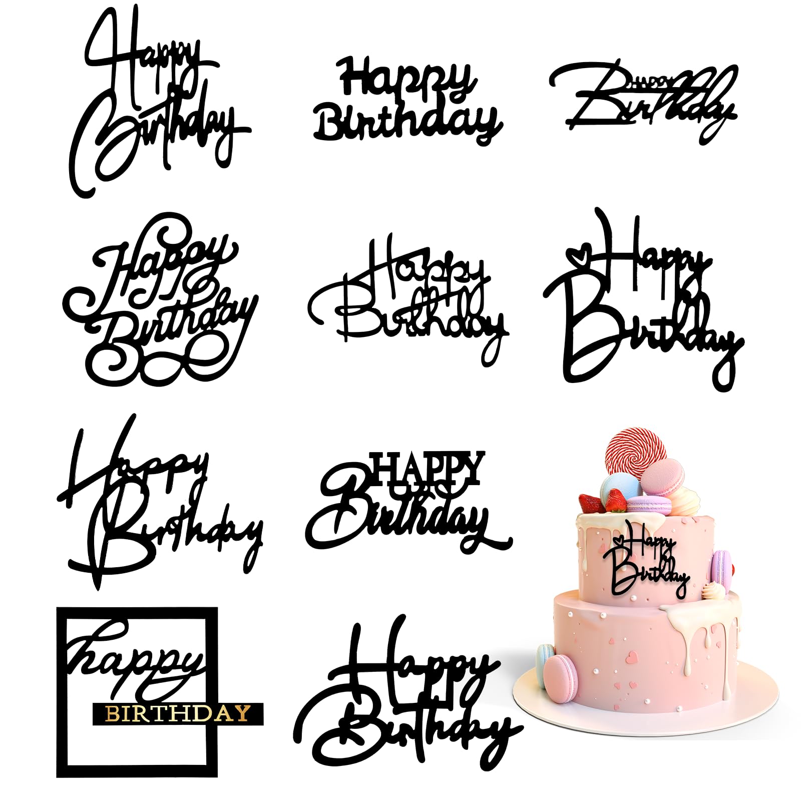 6 Topper Per Torta Compleanno In Acrilico Nero - Decorazioni Happy Birthday A Forma Di Parola Per Festeggiare