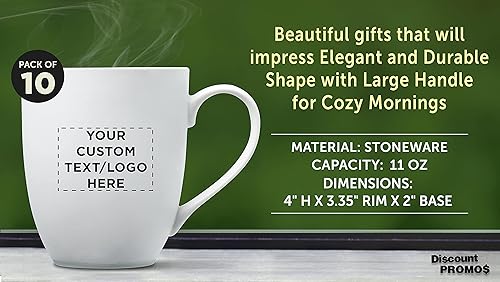 Miniatura 4 de DISCOUNT PROMOS Juego de 10 tazas de porcelana vitrificada Bistro, 11 onzas, texto personalizable, logotipo, gres, café, té, blanco