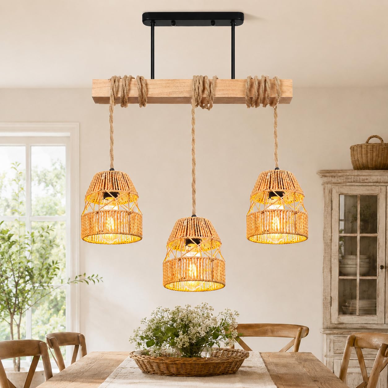 Pendelleuchte Esstisch Rattan 3-Flammig E27, Hängelampe Holz Boho Einstellbarer Winkel, Deckenlampe Boho Vintage Esstischlampe Hängend für Kücheninsel Wohnzimmer Esszimmer Landhausstil