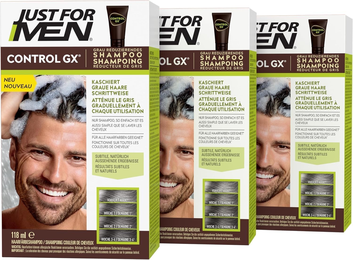 Just For Men Champú Control GX para hombres, reduce las canas, resultado natural, sin líneas de teñido, con aceite de coco y aloe vera, 118 ml, 3 unidades (3 x 118 ml)