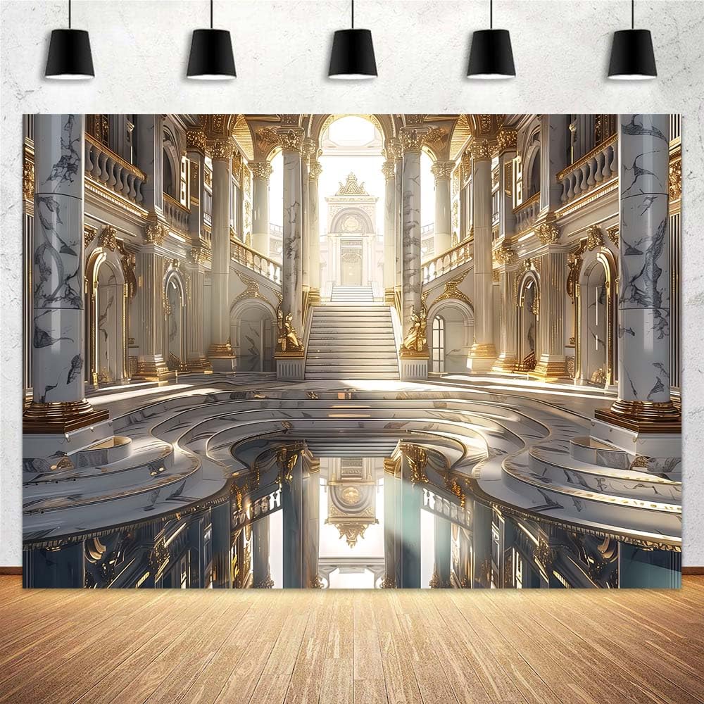 20x10ft Retro Golden Luxury Palace Hall Backdrop Grand Opera Castle Luxurious Chandelier Staircase European Paris Interior Background for Wedding
