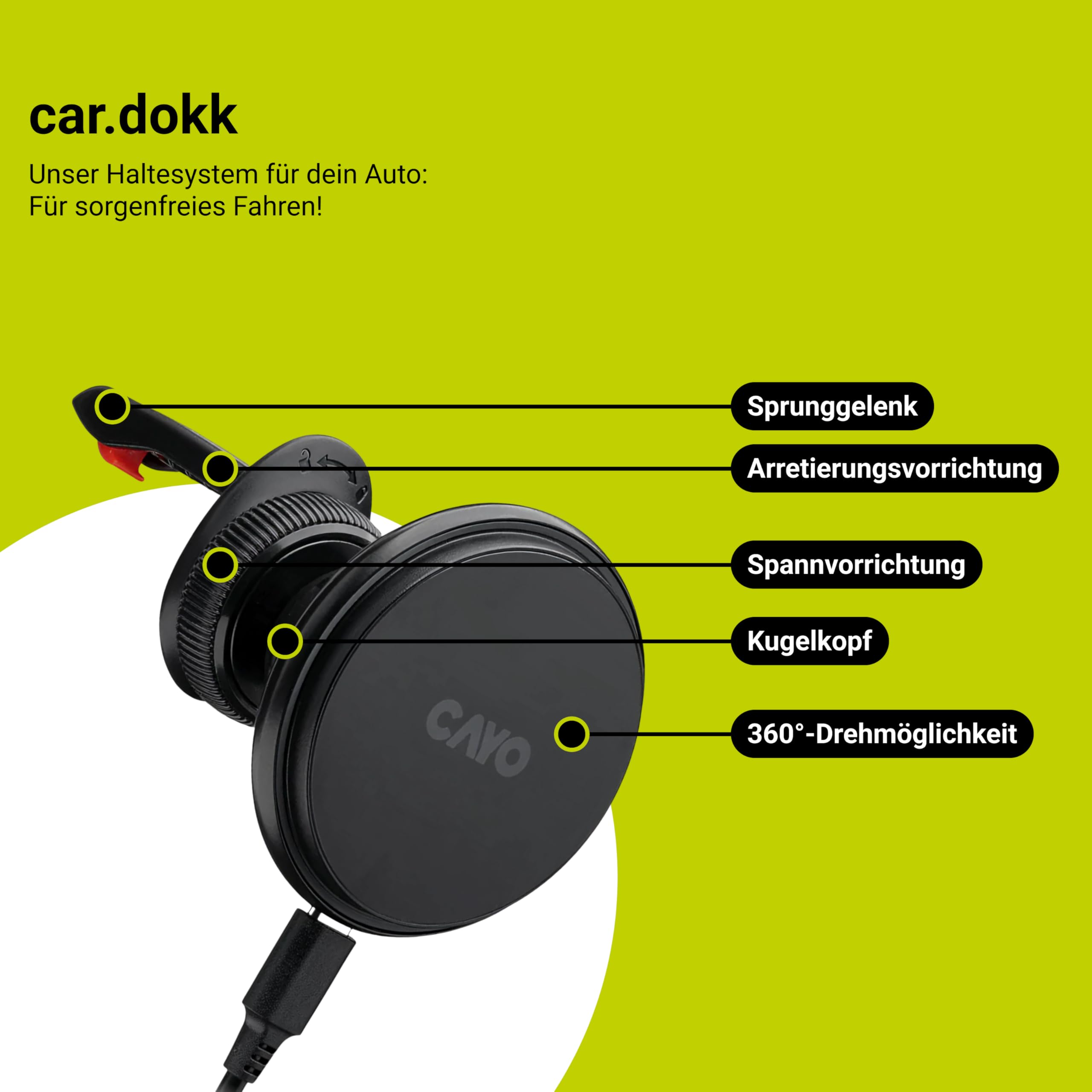 CAYO car.dokk - Supporto magnetico per cellulare per auto con funzione di ricarica induttiva da 15 W, supporto per bocchetta di ventilazione con morsetto brevettato, compatibile con MagSafe, fissaggio