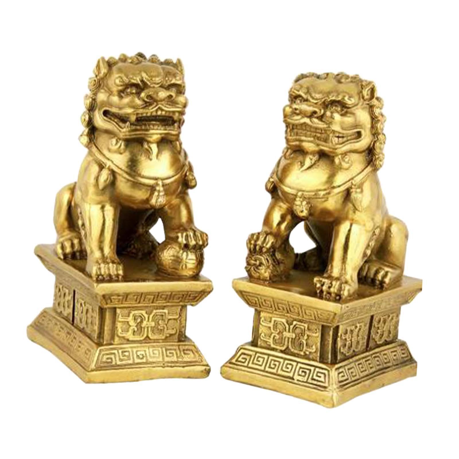 Lot de 2 Figurines de Lions Gardiens Fu Dog, Cadeau de félicitations et Porte- (9 cm x 6 cm x 16), doré, 9 6 16