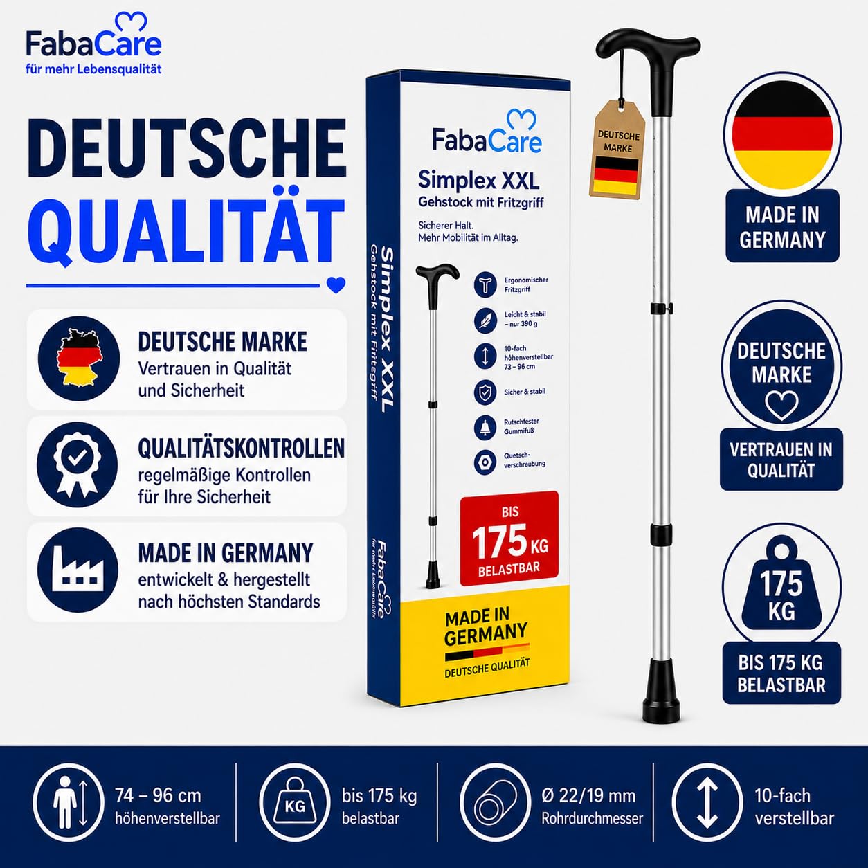 FabaCare Gehstock Simplex XXL, Gehstütze mit Fritzgriff, höhenverstellbar, extra leicht, bis 175 kg, Silber Eloxiert