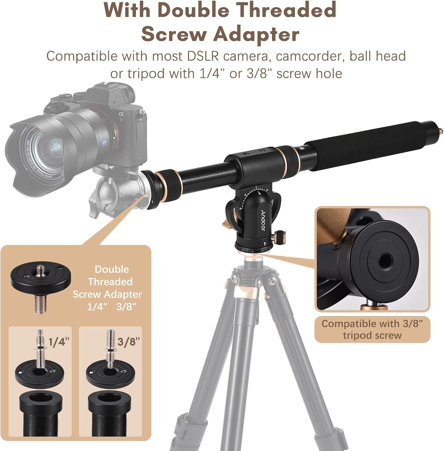 Andoer Universal Tripod Extension Arm Aluminum Alloy Detachable Extender Horizontal Centre Column for Tripod 48-106cm Retractable Tripod Boom Arm with 360° Rotatable Base 5kg Load Capacity