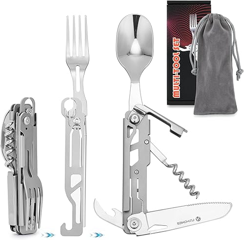 Fl FLYHOMES - Utensilios de camping, juego de utensilios de camping 6 en 1, juego de cuchillos de cuchara y tenedor para camping, abrelatas,