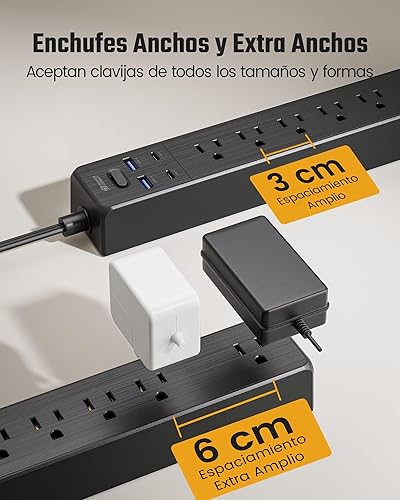 Miniatura 6 de SUPERDANNY Regleta de alimentación USB de 9.8 pies, protector de sobretensiones, cable de extensión de protección múltiple, 5 tomas de corriente, 3