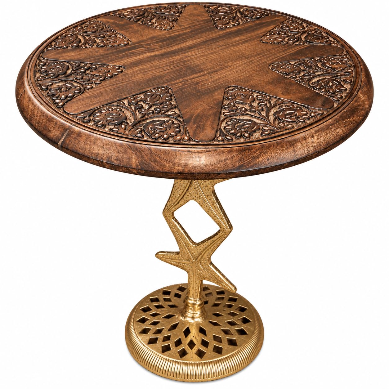Solid Wood Round End Table 18x21 with Gold Metal Base, Walnut Finish