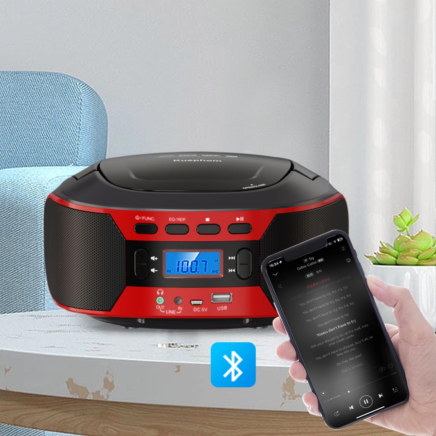 Lettore CD portatile Boombox con Bluetooth, AUX, USB, radio FM, jack per cuffie, uso domestico e esterno, alimentazione a batteria