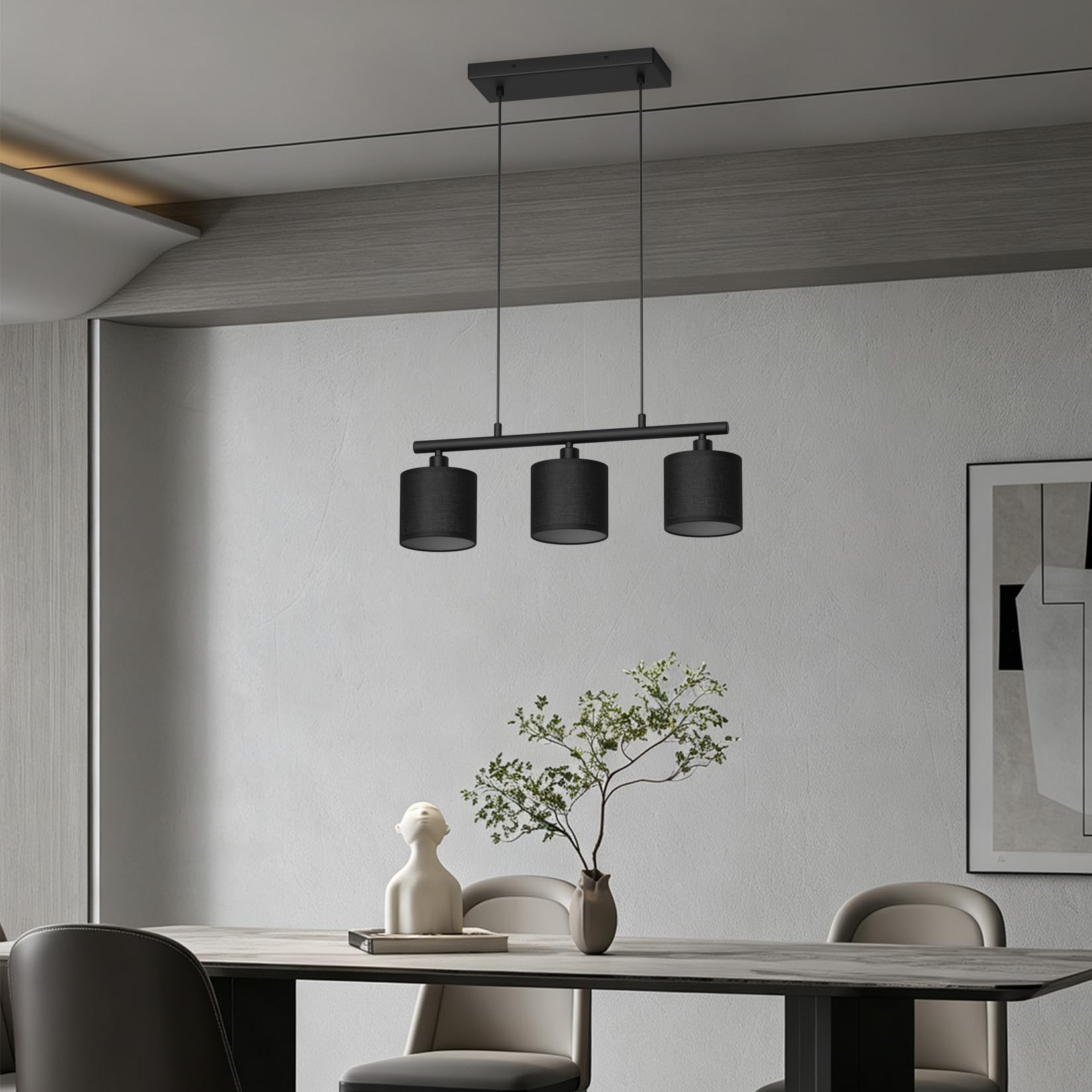Klighten Lampada a Sospensione 3 Luci E14, Nero, Lampadina non Inclusa | Cilindro Paralume Tessuto, Altezza Regolabile, Lampadario a Sospensione Moderno per Soggiorno Cucina Tavolo da Pranzo