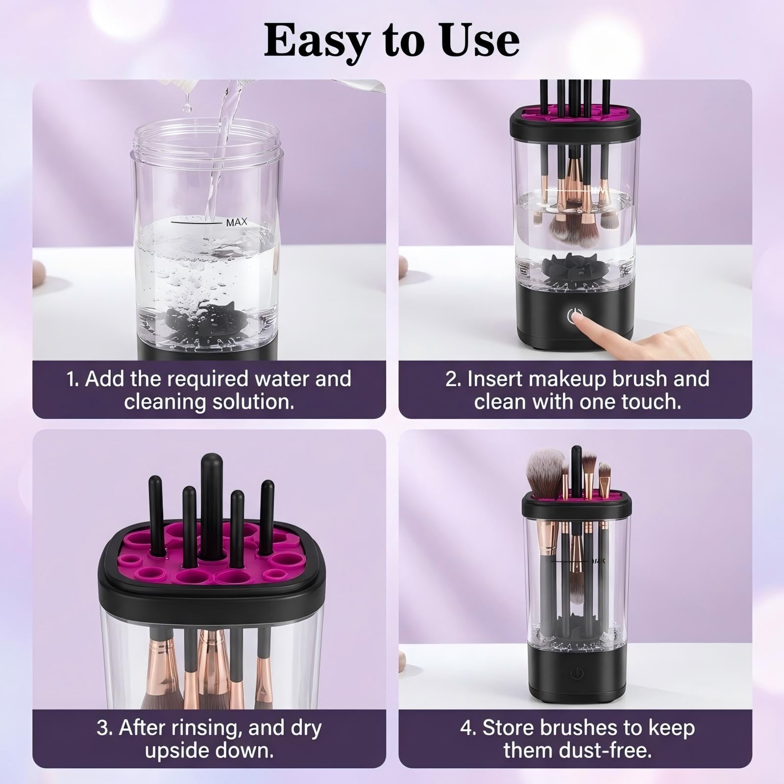 Elektrischer Makeup Pinsel Reiniger mit Trocknung & UV-Desinfektion, 6500RPM Automatischer Pinselwaschmaschine, Leise Transparent Großes Fassungsvermögen Type-C für Zuhause Reise