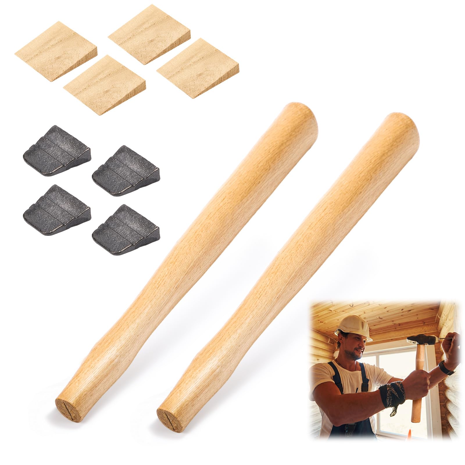 Bucherry 2 juegos de mango de martillo de repuesto de 14 pulgadas, incluye 2 mangos de martillo de trineo de repuesto, 4 cuñas de madera y 4 cuñas de acero para carpintería, construcción, herramienta