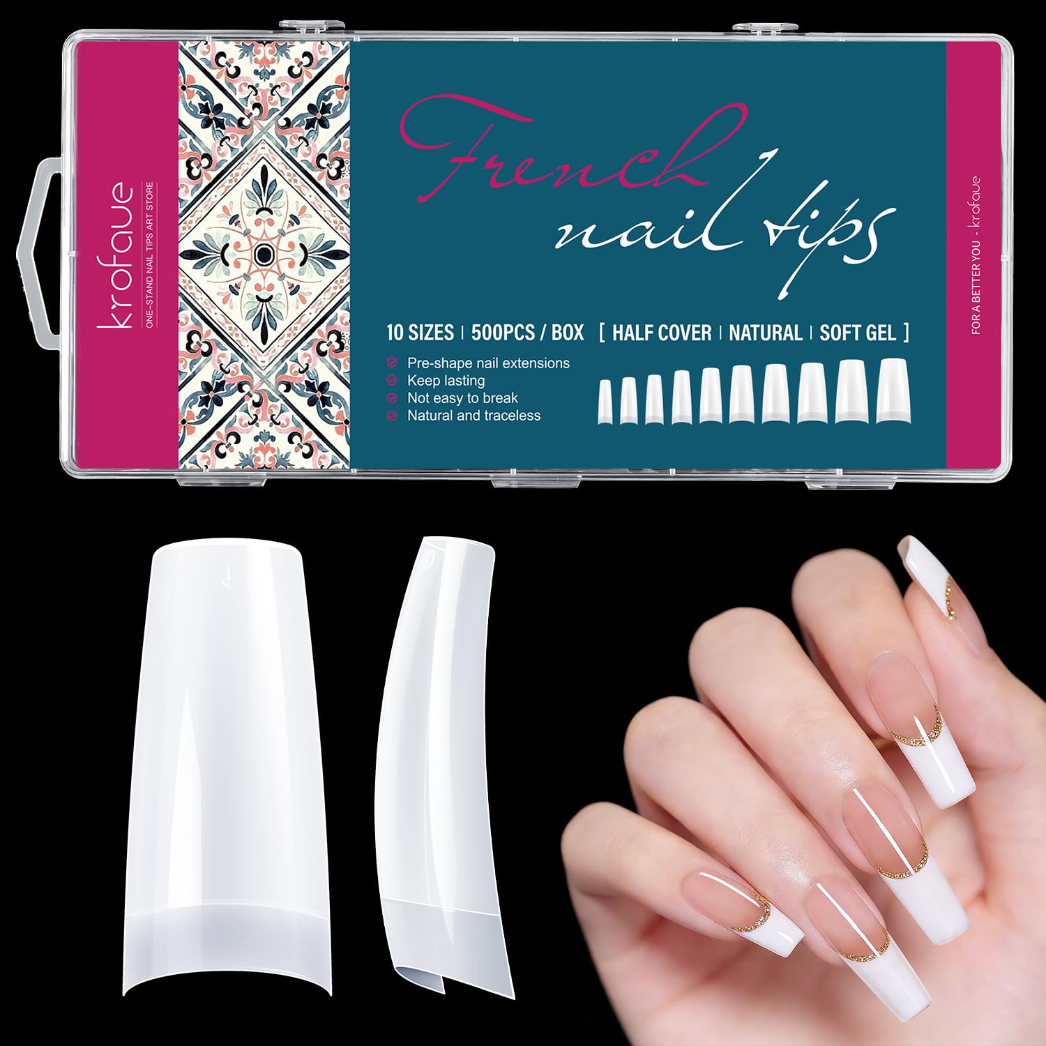 500PCS False Nails Tips Lady French Style Acrylic Artificial Tip Manicure Half Cover with Box of 10 Sizes for Nail Tips Art Salons and Home DIY (White)