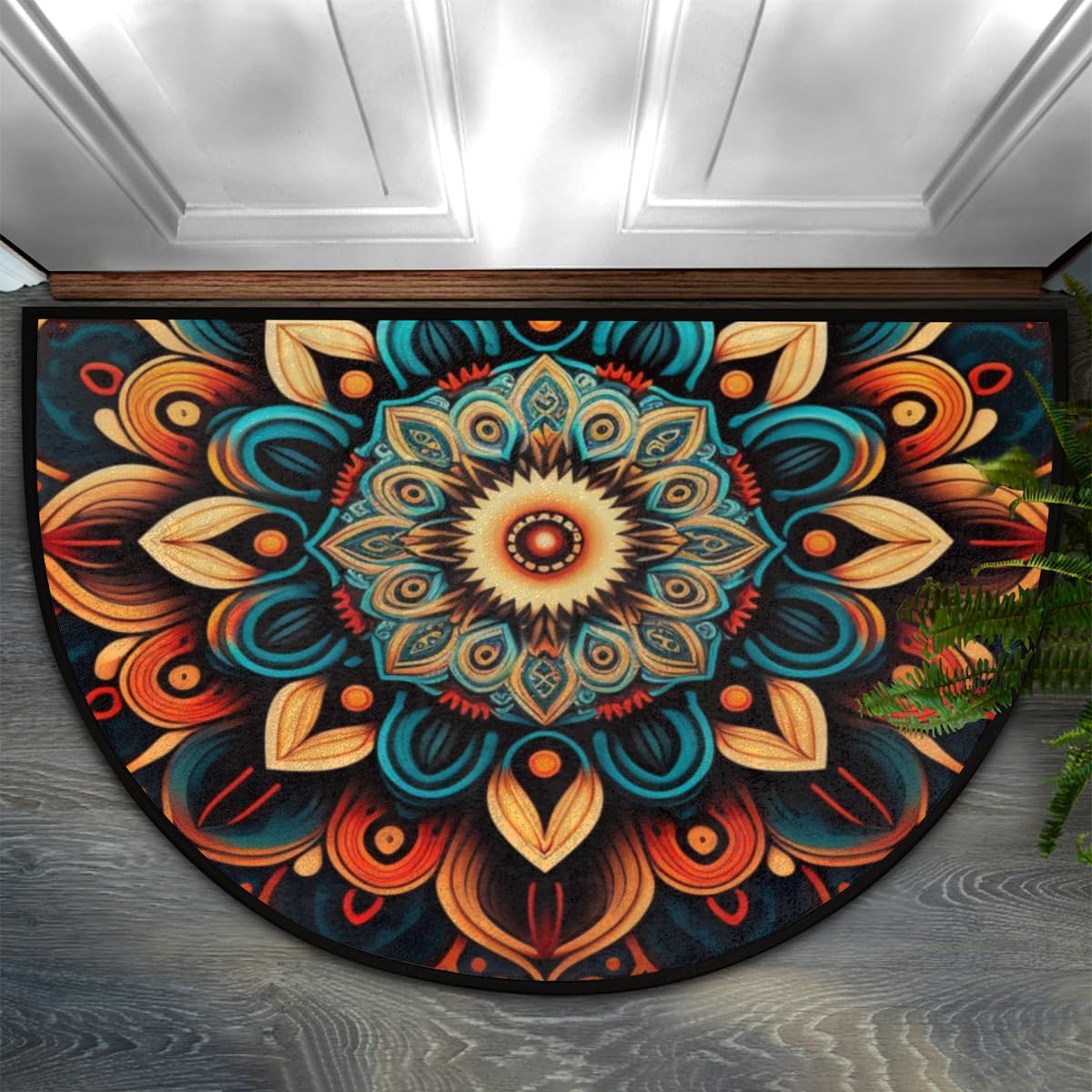 Bohemian Flower Half Round Doormat Boho Floral Washable Semi Circle Area Rug Non Slip Absorbent Half Moon Rug for Indoor Outdoor Bathroom Kitchen