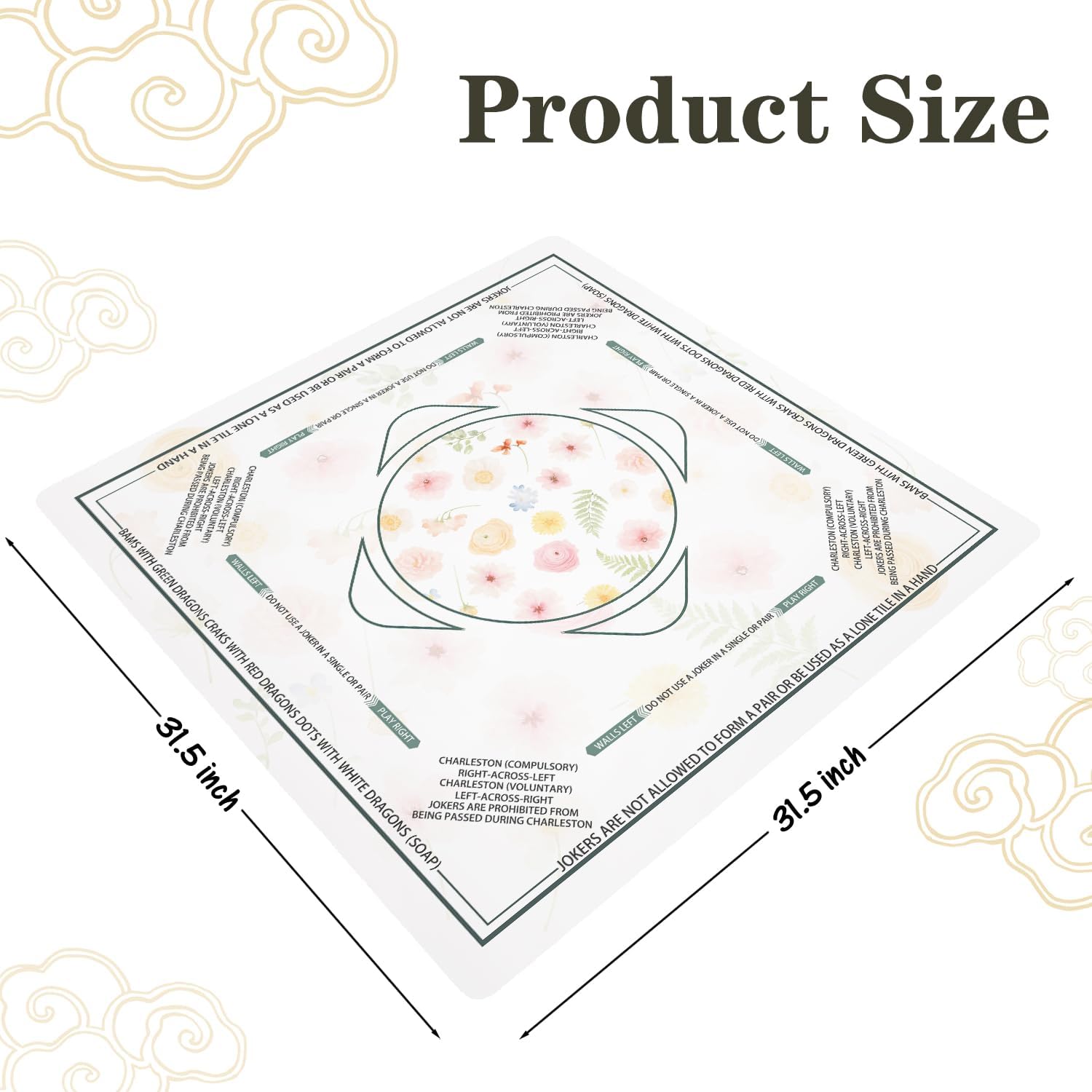 Boho Floral Mahjong Mat with Rules 31.5 x 31.5 in, Watercolor Flower Mahjong Mat for Table, Non-Slip Noise Reduction Game Table Cover Tablecloth for Card Poker Dominoes Dice and Board Games