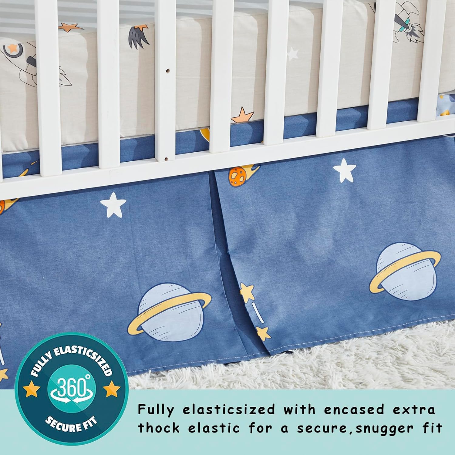 Brandream 100% Cotton Crib Bedding Set for Baby Boys Space Nursery Collections 6 Pieces Astronaut's Journey to The Stars Adventurous Theme with Rocket Planet Blue Multi-Color