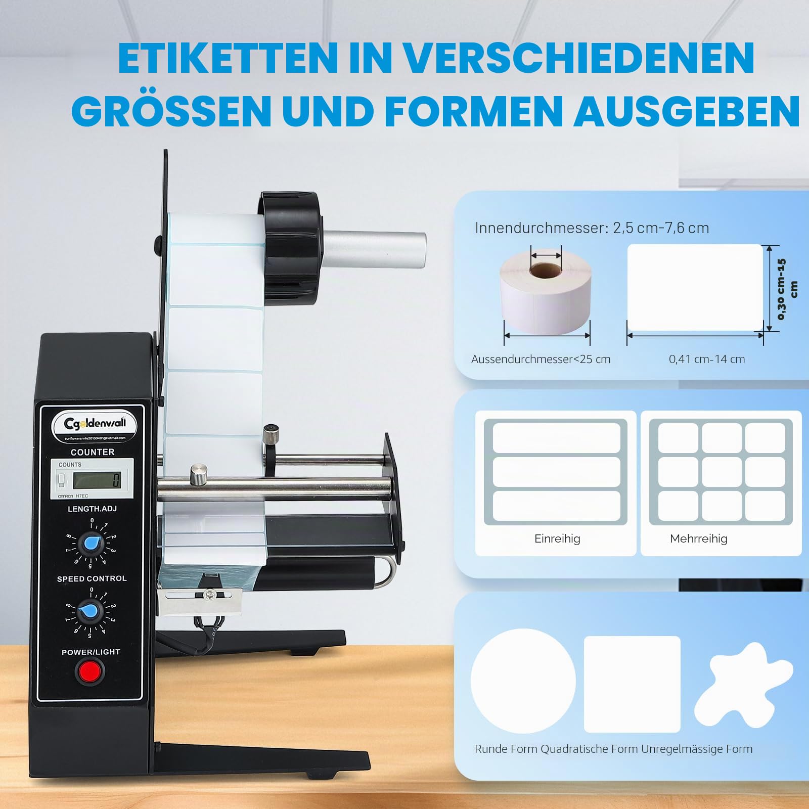 CGOLDENWALL Automatischer Etikettenspender, für Rollenetiketten | Länge und Geschwindigkeit Einstellbar, 1-8 m/min, Zählung von 0-999999, Breite 4-140MM, Länge 3-150MM, für Logistik, Büro